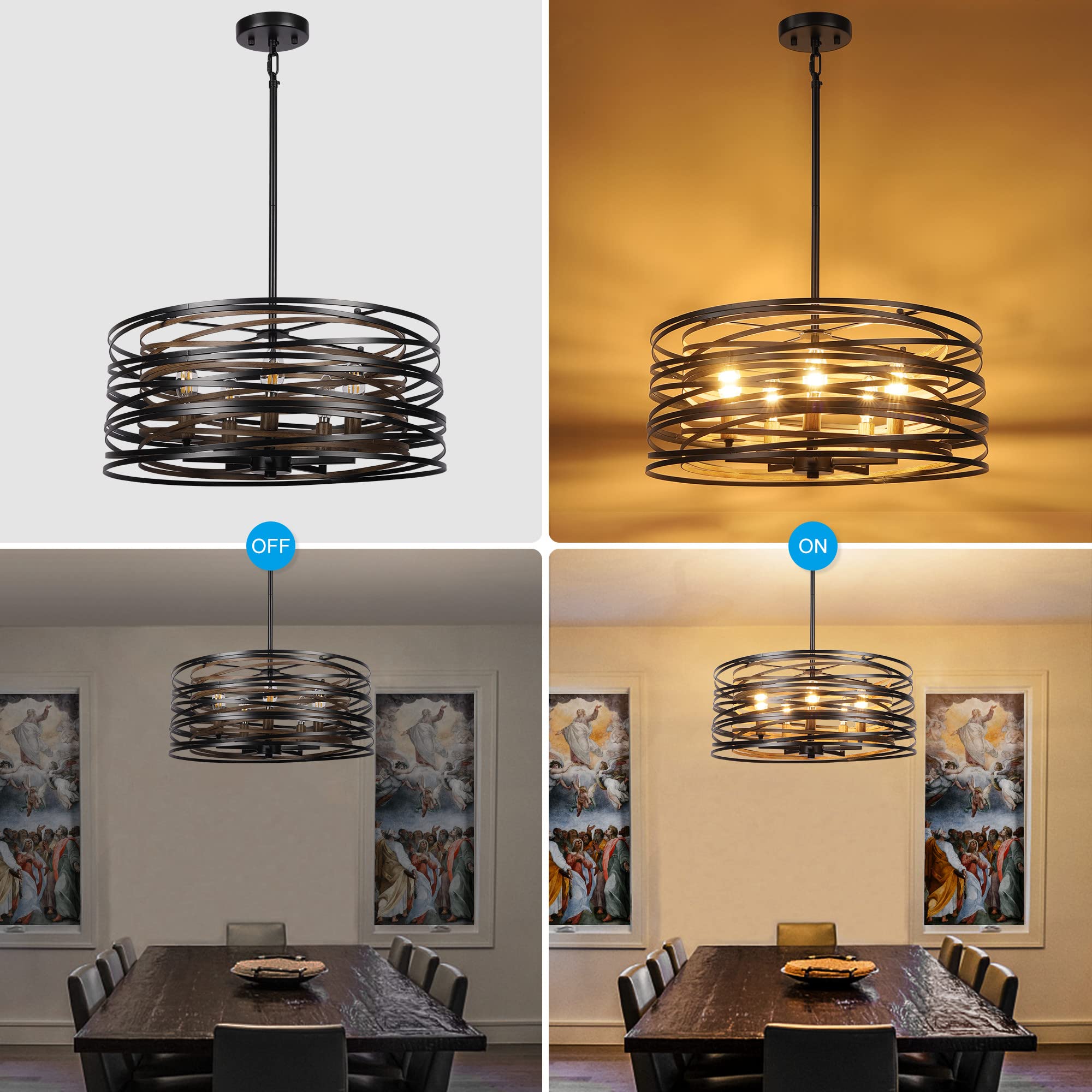 ACNKTZ 5-Light Farmhouse Chandelier, 19.7" Black Metal with Retro Wood Texture Interior, Model 881bb39a-50d6-49f0-9