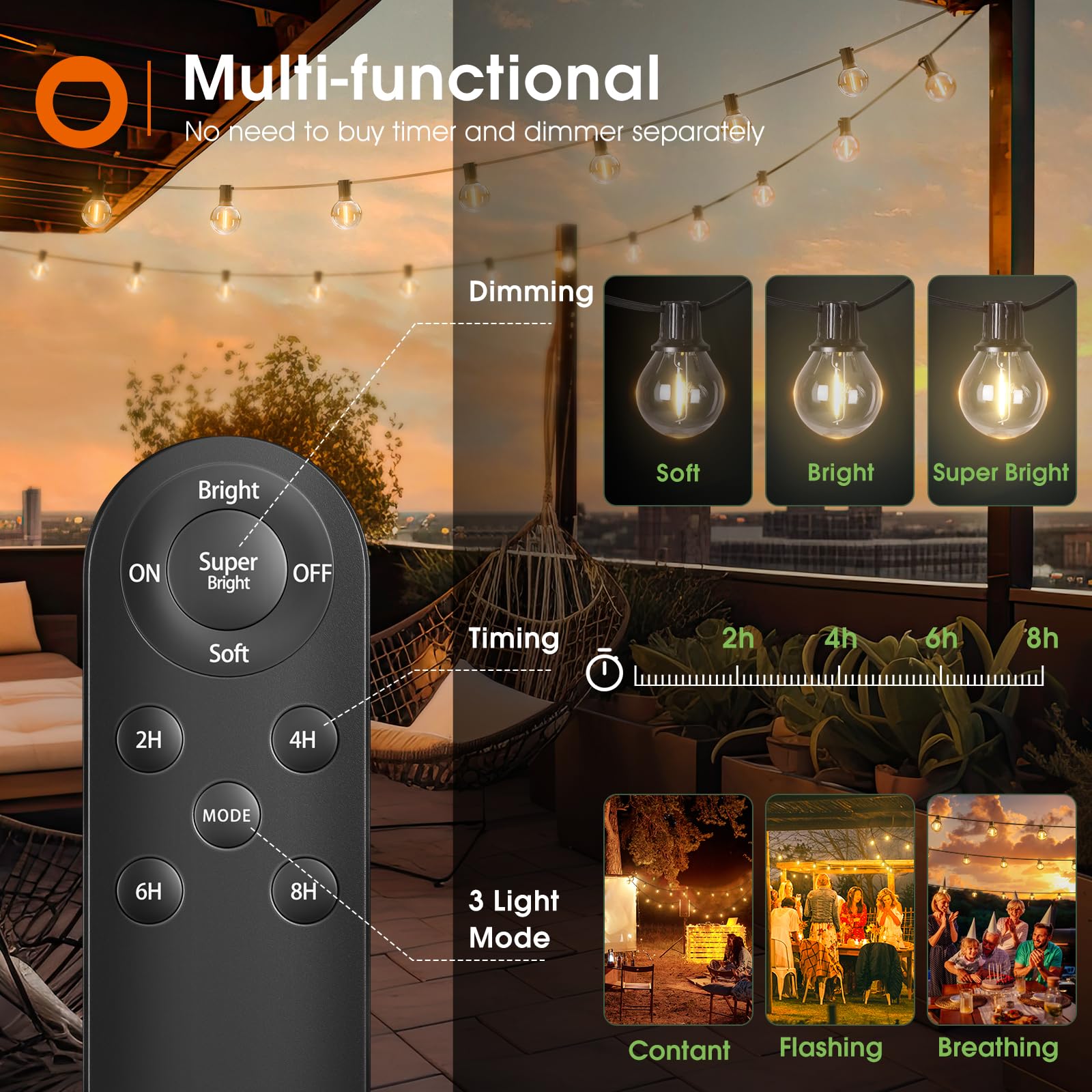 addlon Solar String Lights 100FT with Remote, 54 LED Shatterproof Bulbs, Dimmable, 3 Light Modes, Black, Model A09JW041101001