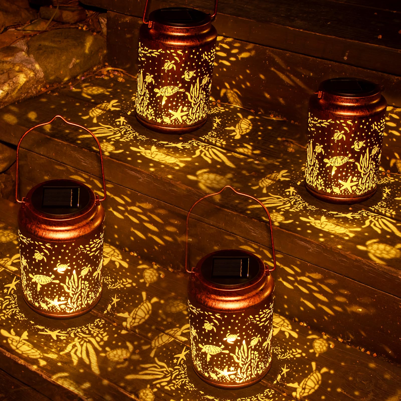 YISITEONE Solar Lanterns 4 Pack, Metal Garden Lights, Waterproof Hanging Decor, Brown, Model ES04250300009