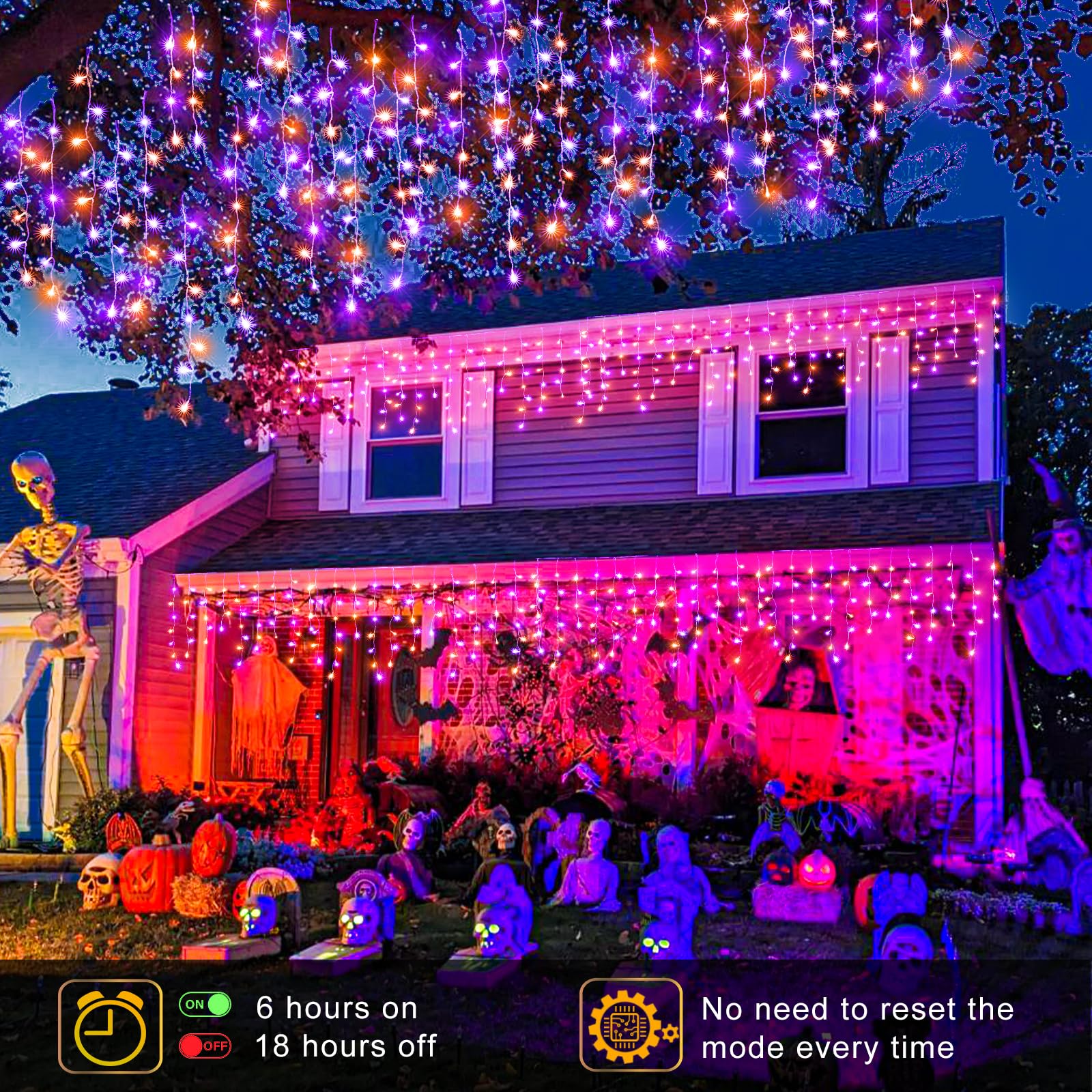 Xmasbokeh 66Ft 640 Led Christmas Lights Outdoor, Purple Orange Icicle String Lights With 8 Modes 120 Drops Waterproof, Plug In Curtain String Lights For Indoor House Room Patio Party Decorations