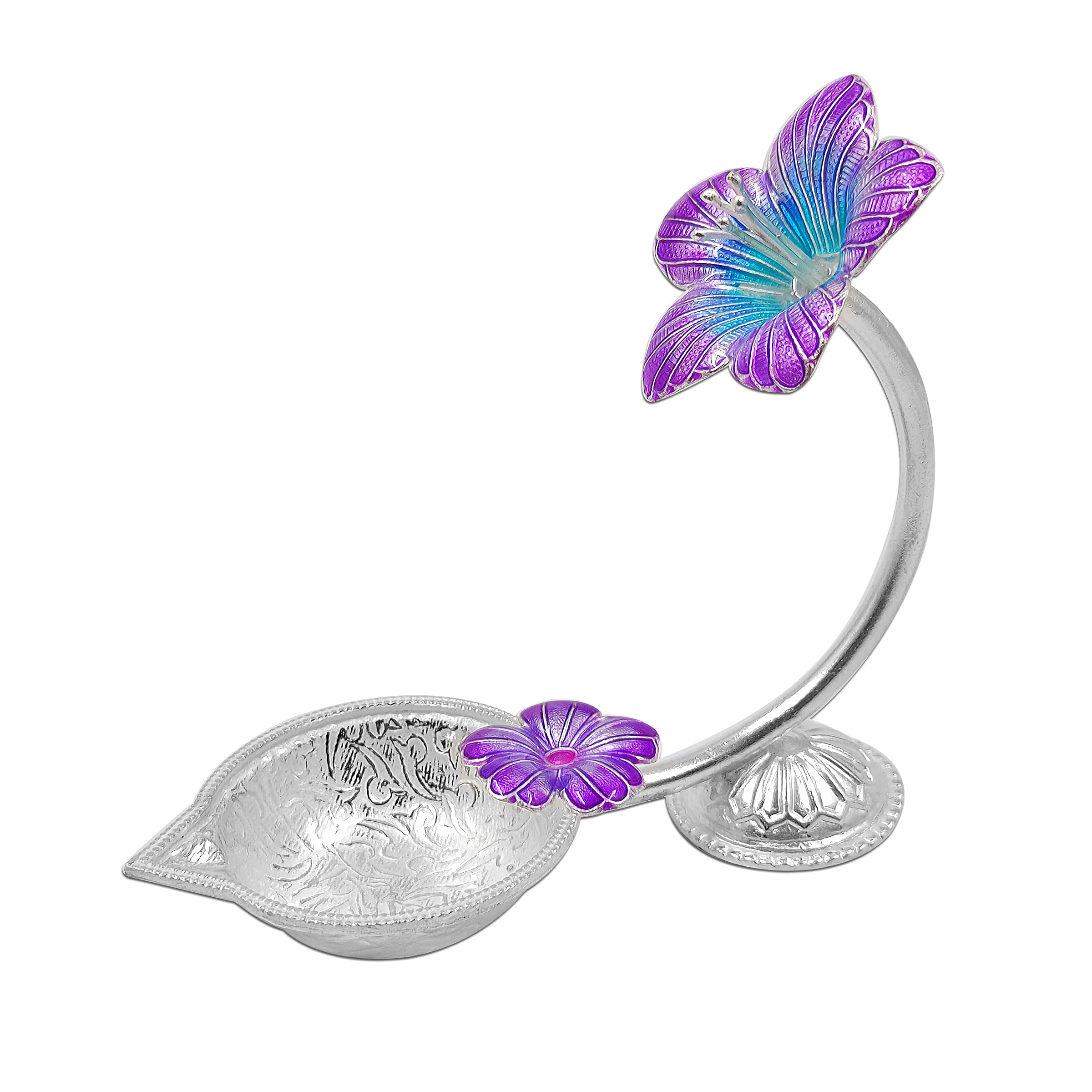 MAA SILVER Pure Silver Diya/Lamp/Deepak with Purple Hibiscus/Jaswanti Flower Design Perfect for Gift and Pooja Use (65 Purity)(3