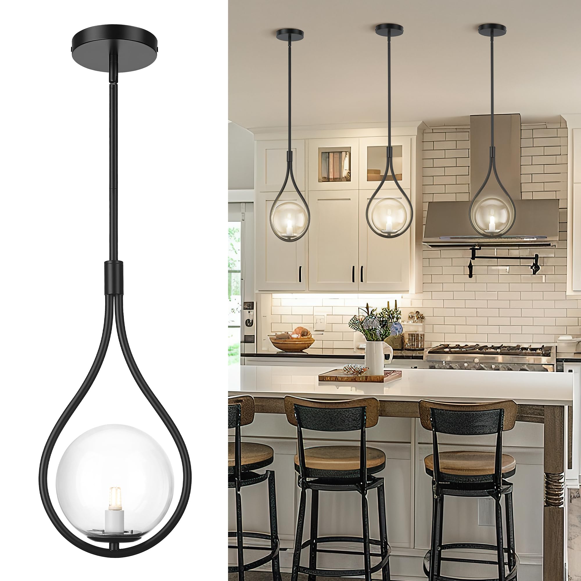 AUTELO Black Pendant Light Fixtures, 1-Light Pendant Lights Kitchen Island with Clear Globe Glass, Modern Pendant Lights, Black 