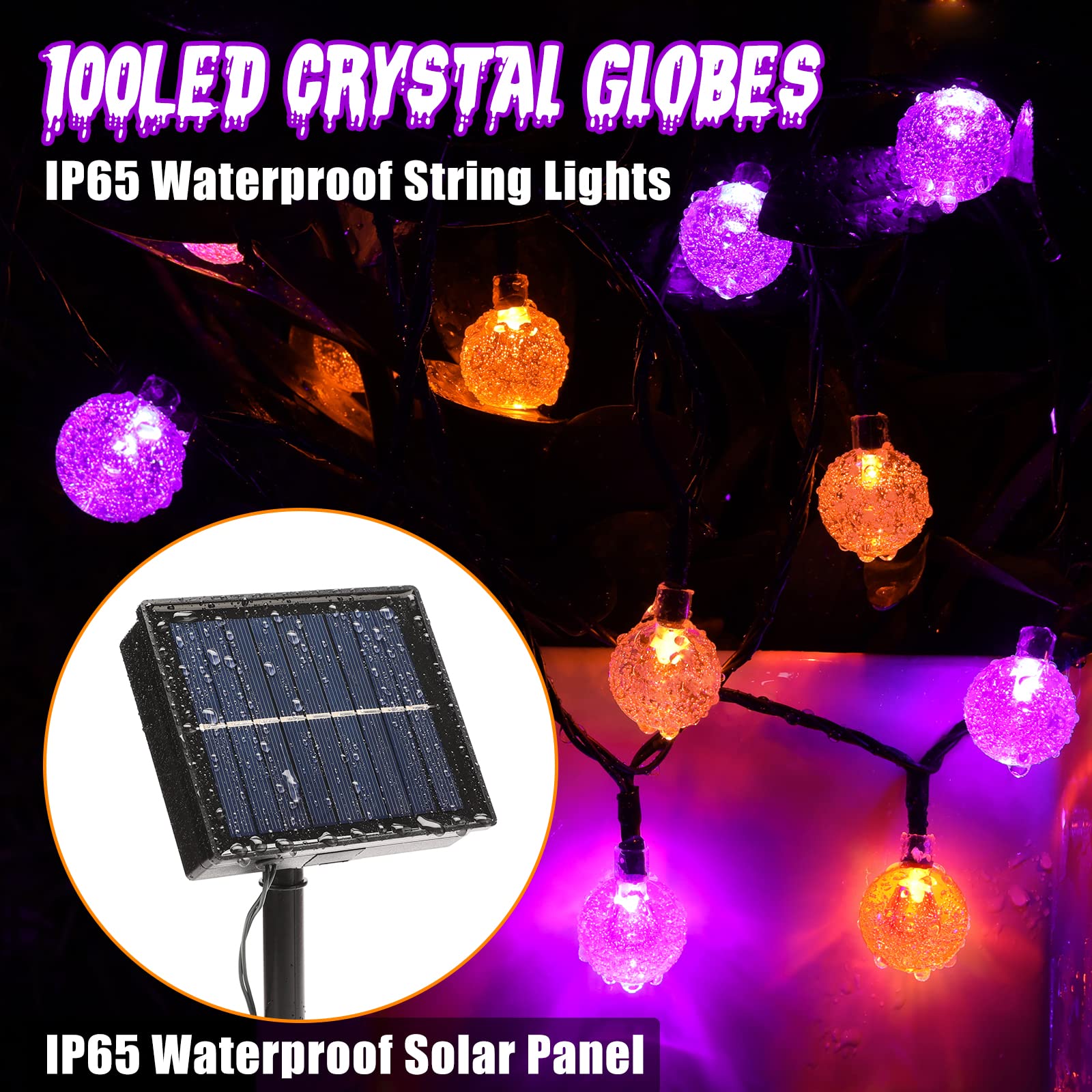 Lomotech 72FT 100 LED Solar Halloween Globe Lights, Waterproof, Orange & Purple, 8 Modes