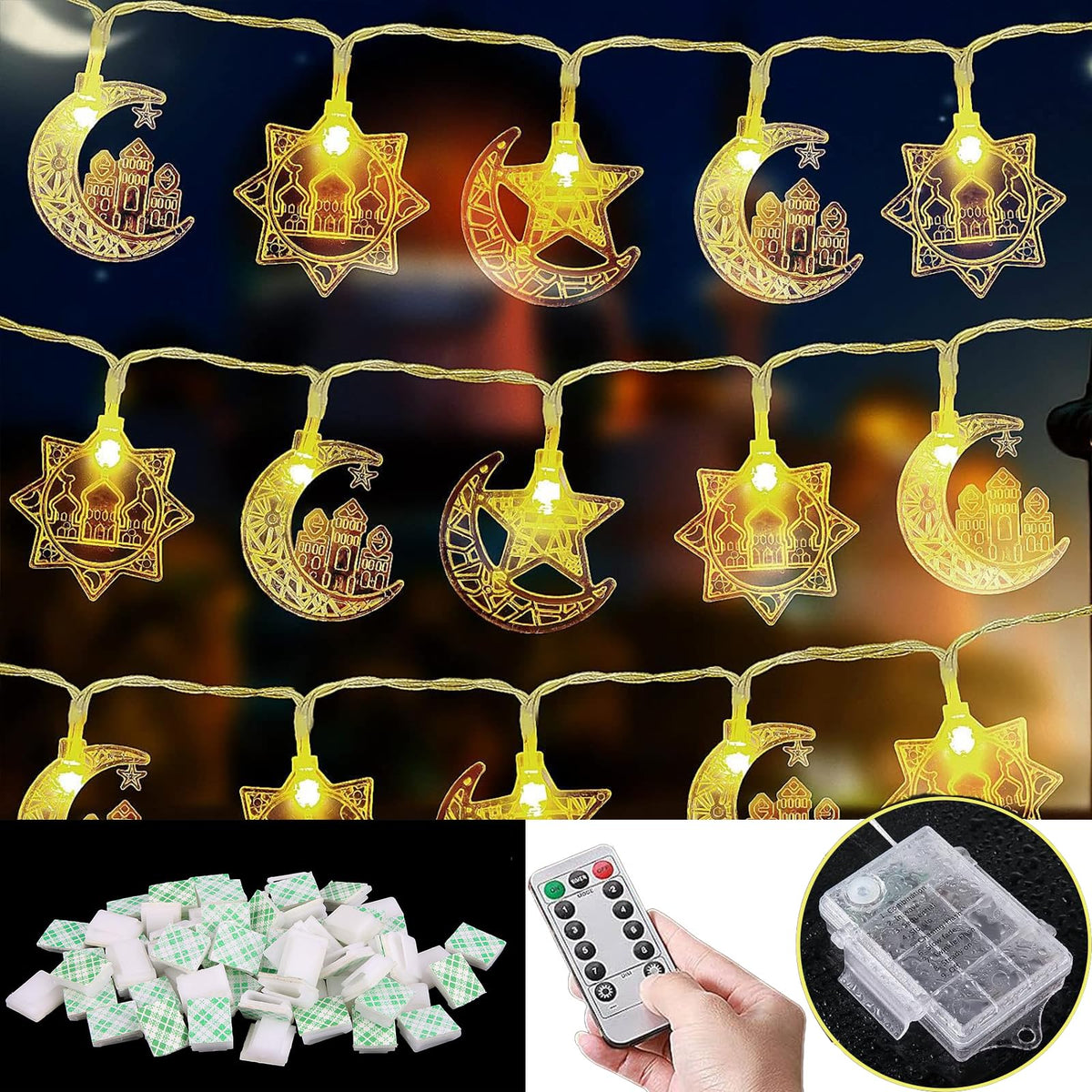 CerAiCoae Ramadan String Lights, 9.8 FT 20 PCS LEDs, Sun star Moon design 8 Remote control mode home decoration indoor and outdo