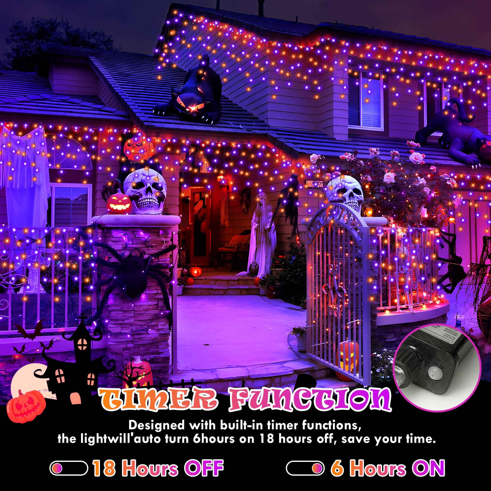 Heceltt Halloween Lights, 640 LED 66FT, Orange and Purple, Clear Wire, 8 Modes, Timer Memory Function, Model BG-CL3M3-306L01