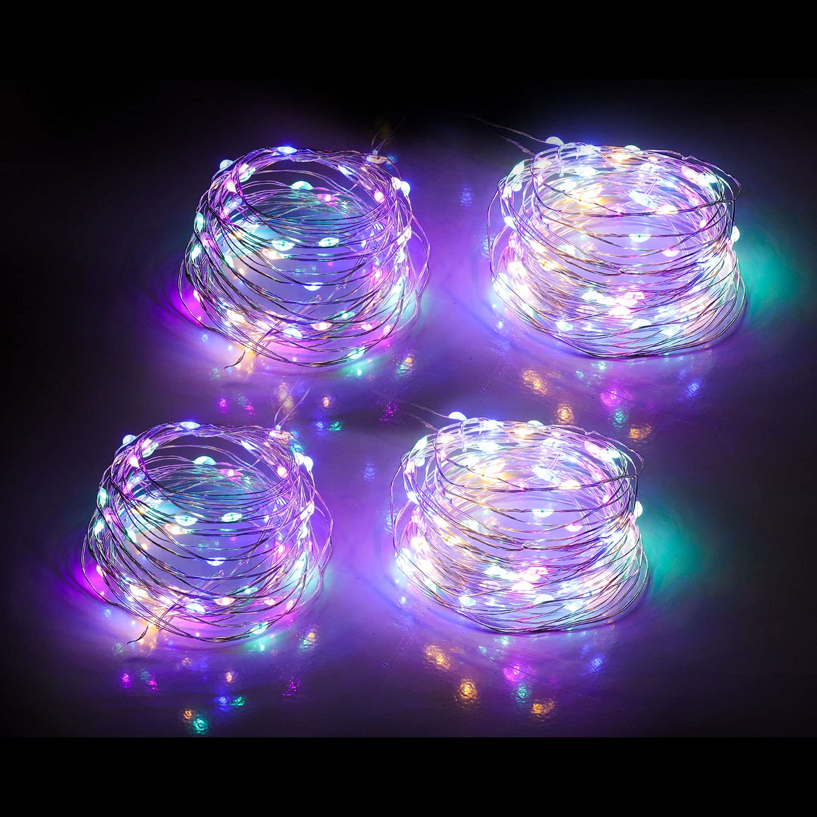 Mandiq Fairy Lights 4 Pack, 10ft String Lights with 30 LEDs, Battery Operated, Multicolor, Silver Wire, Flashing and Constant Light Mode