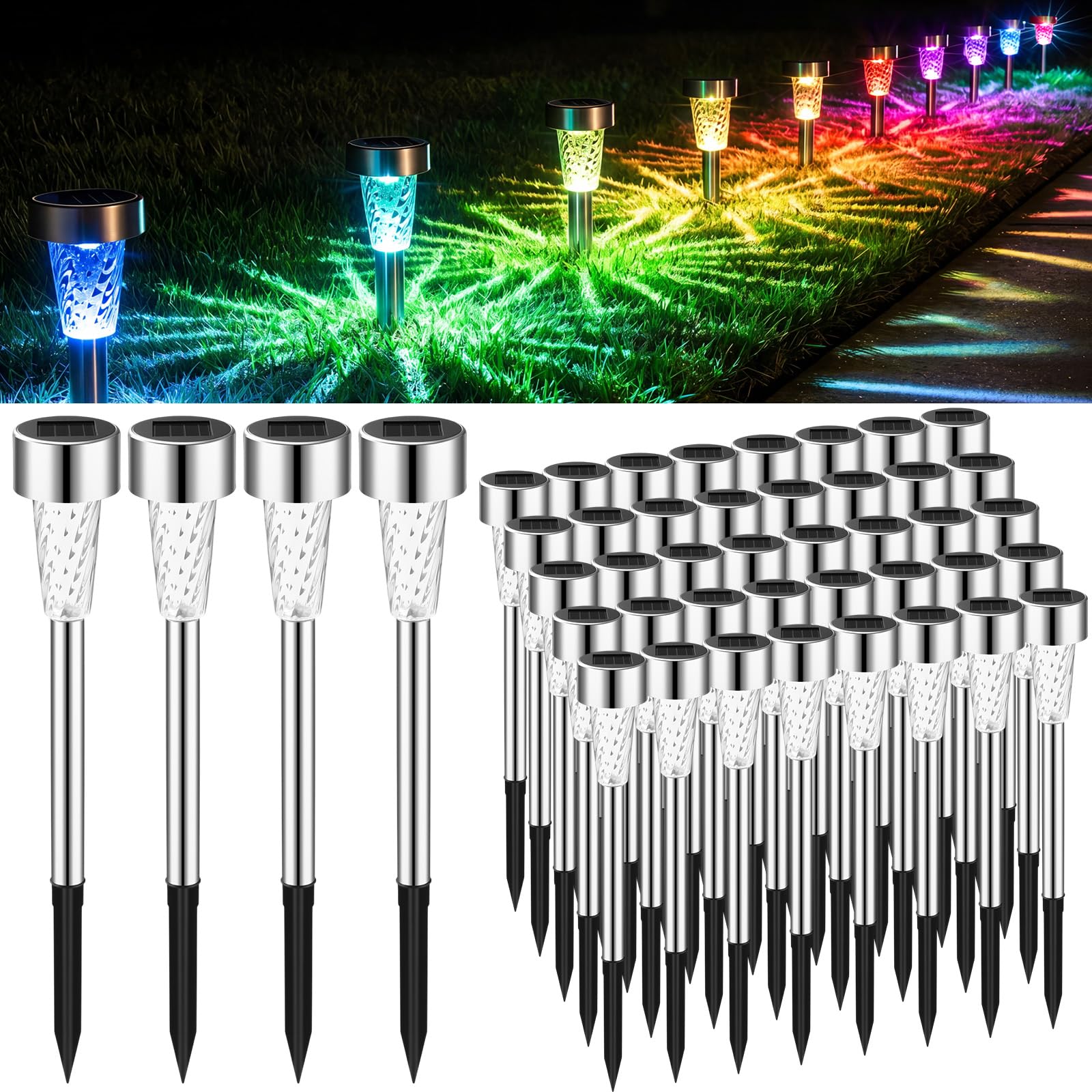 Huquary 50 Pack Solar Pathway Lights Outdoor Bulk, Stainless Steel LED Path Lights, Weather Resistant Solar Stake Light with Aut