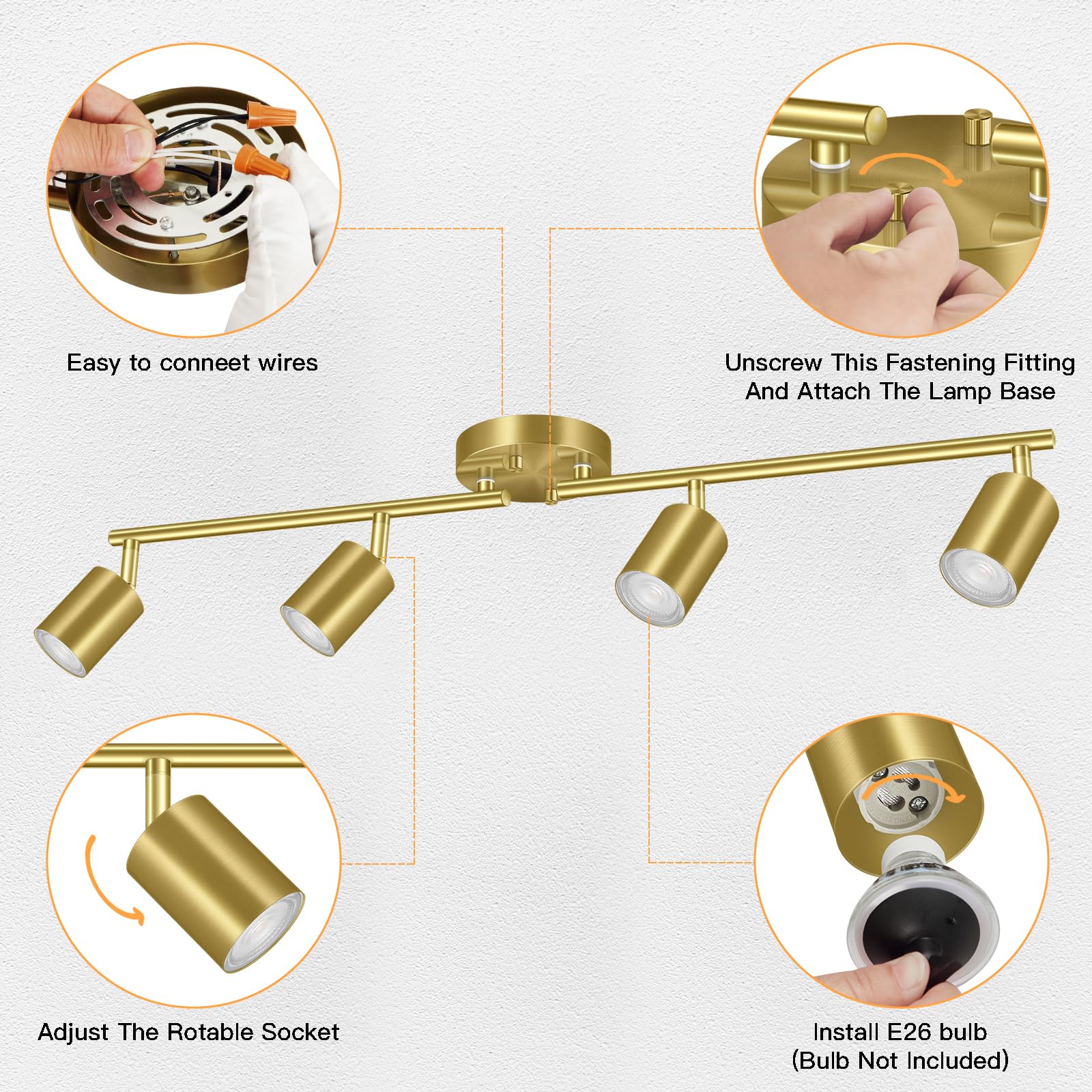 Boostarea Gold Led 4 Light Track Lighting Kit, 4 Way Ceiling Spot Lighting, Flexibly Rotatable Light Head For Kitchen, Living Ro