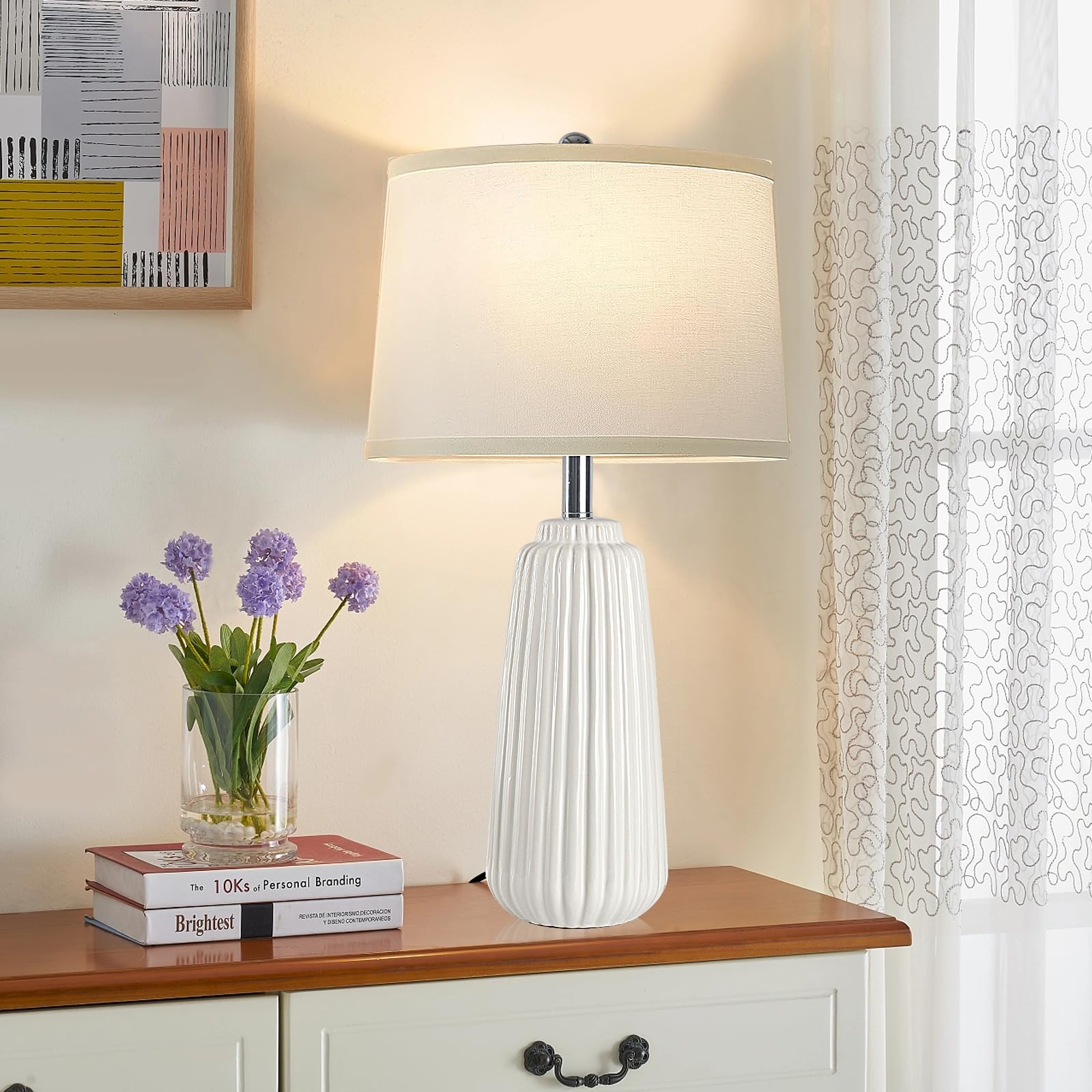 Yusist Ceramic Table Lamps Set Of 2, 25Inch Modern White Table Lamps For Bedroom Living Room With 3 Color Temperature - 3000K/4000K/6000K, Coastal Lamps For Nightstand Bedside With 2 Led Bulbs, 9W
