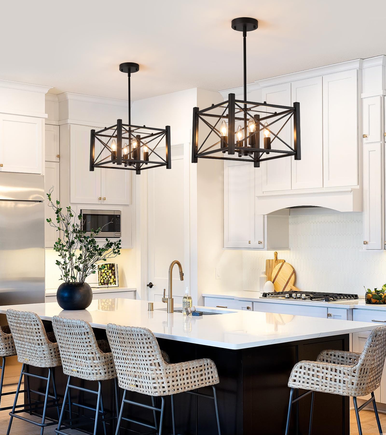 Amzasa Farmhouse Chandelier,Black Square 4-Lights Lantern Pendant Light, Rustic Cage Industrial Hanging Light For Kitchen Island, Dining Room, Hallway Entryway Foyer