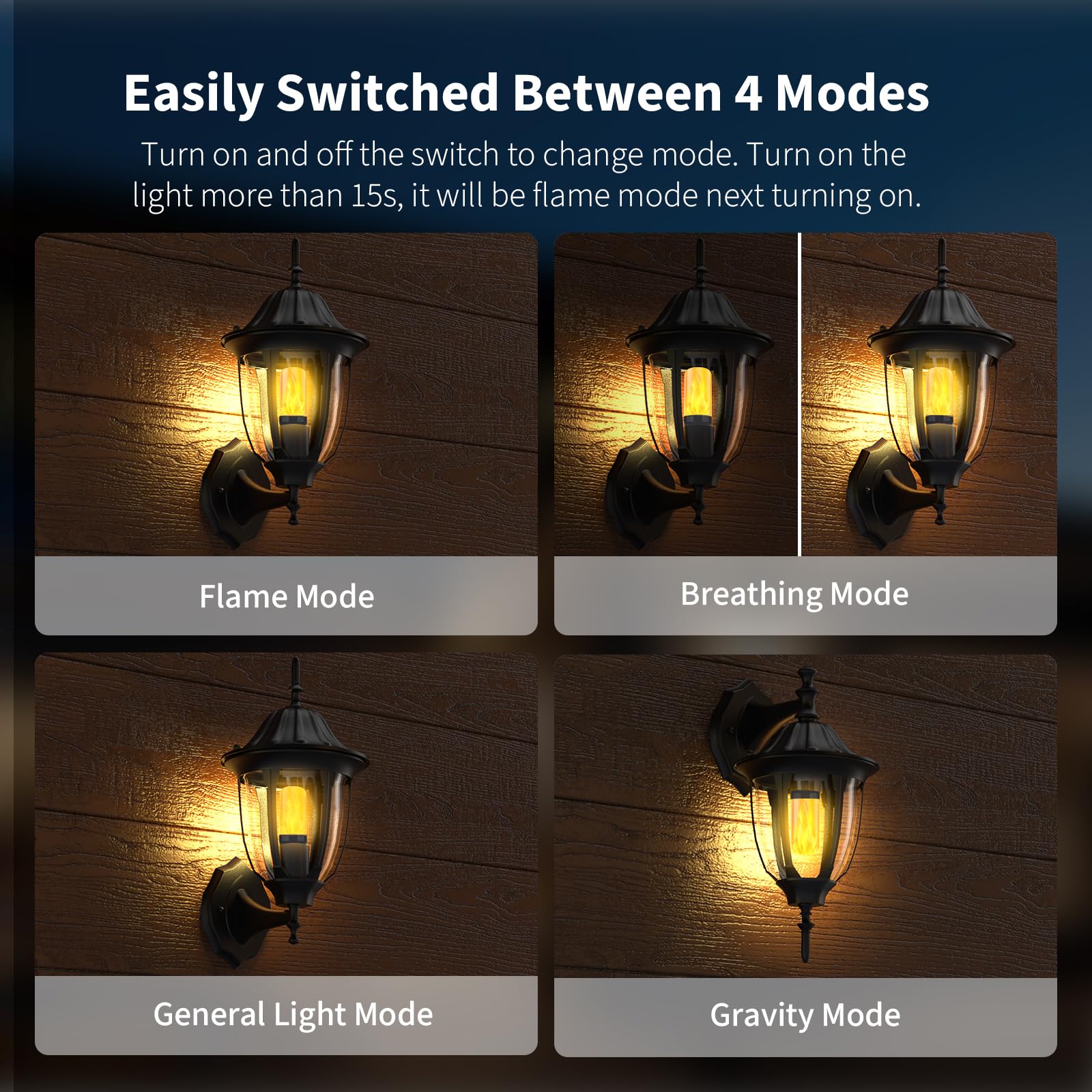 Morsatie LED Flame Light Bulbs, 4 Modes, E26, Gravity Sensor, 2 Pack - Black Base, Indoor/Outdoor Decoration