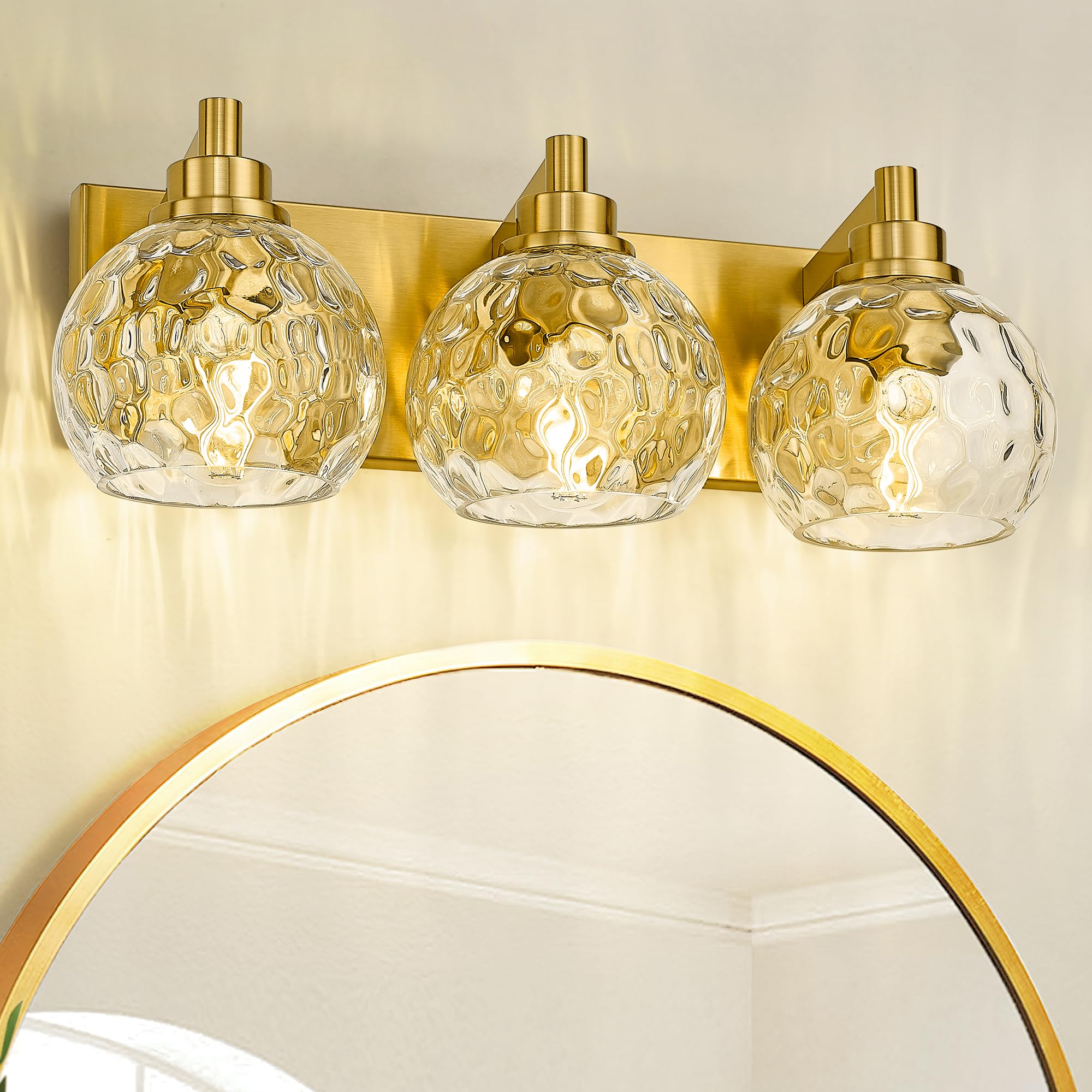 METWET 3-Light Bathroom Vanity Light Fixture, Brushed Gold with Clear Hammered Glass Shade, Model VL200-BG-3