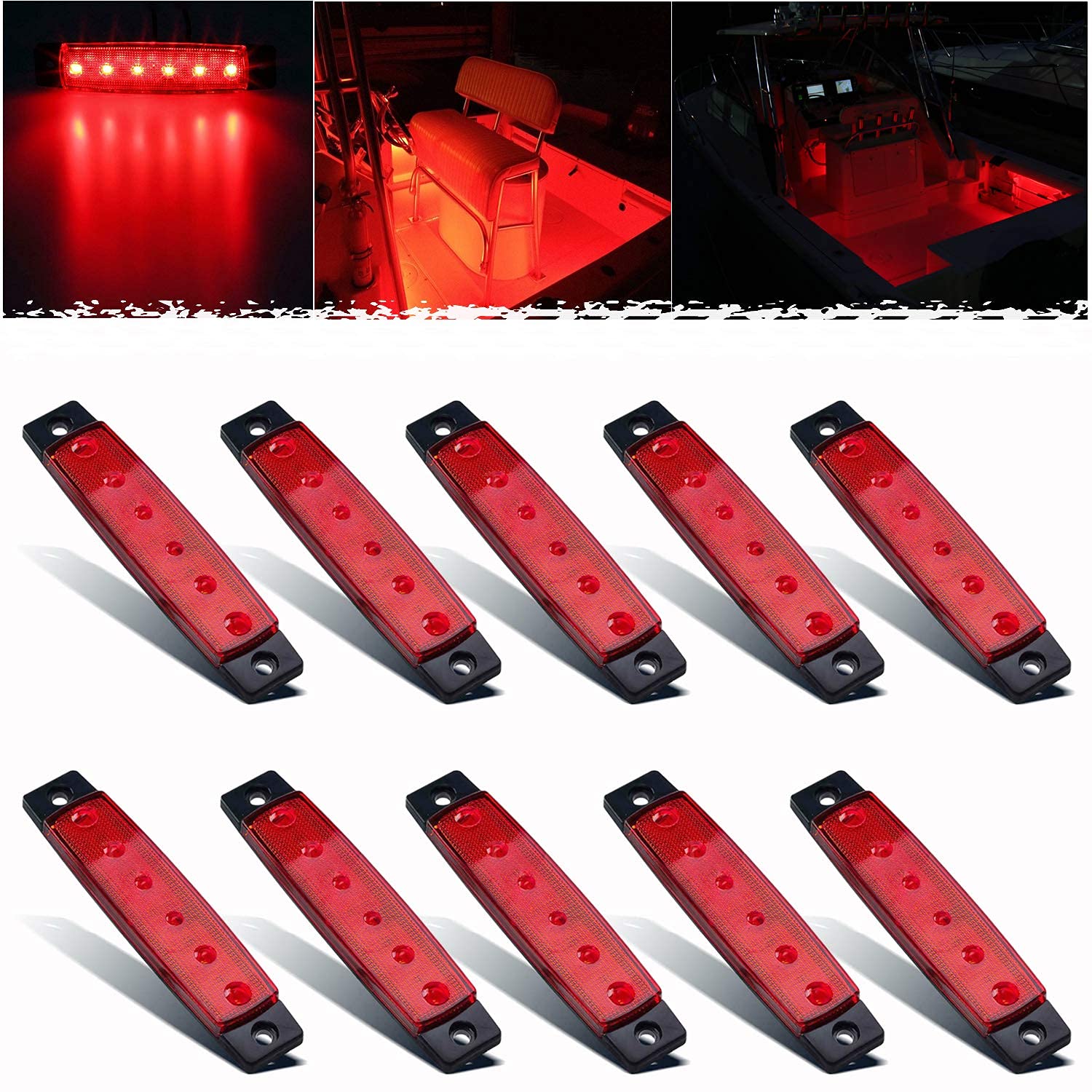 PSEQT LED Boat Interior Lights - Waterproof Courtesy Light Strip - Red - 10PCS - PC Lens for Fishing, Pontoon, Kayak, Yacht, Sailboat