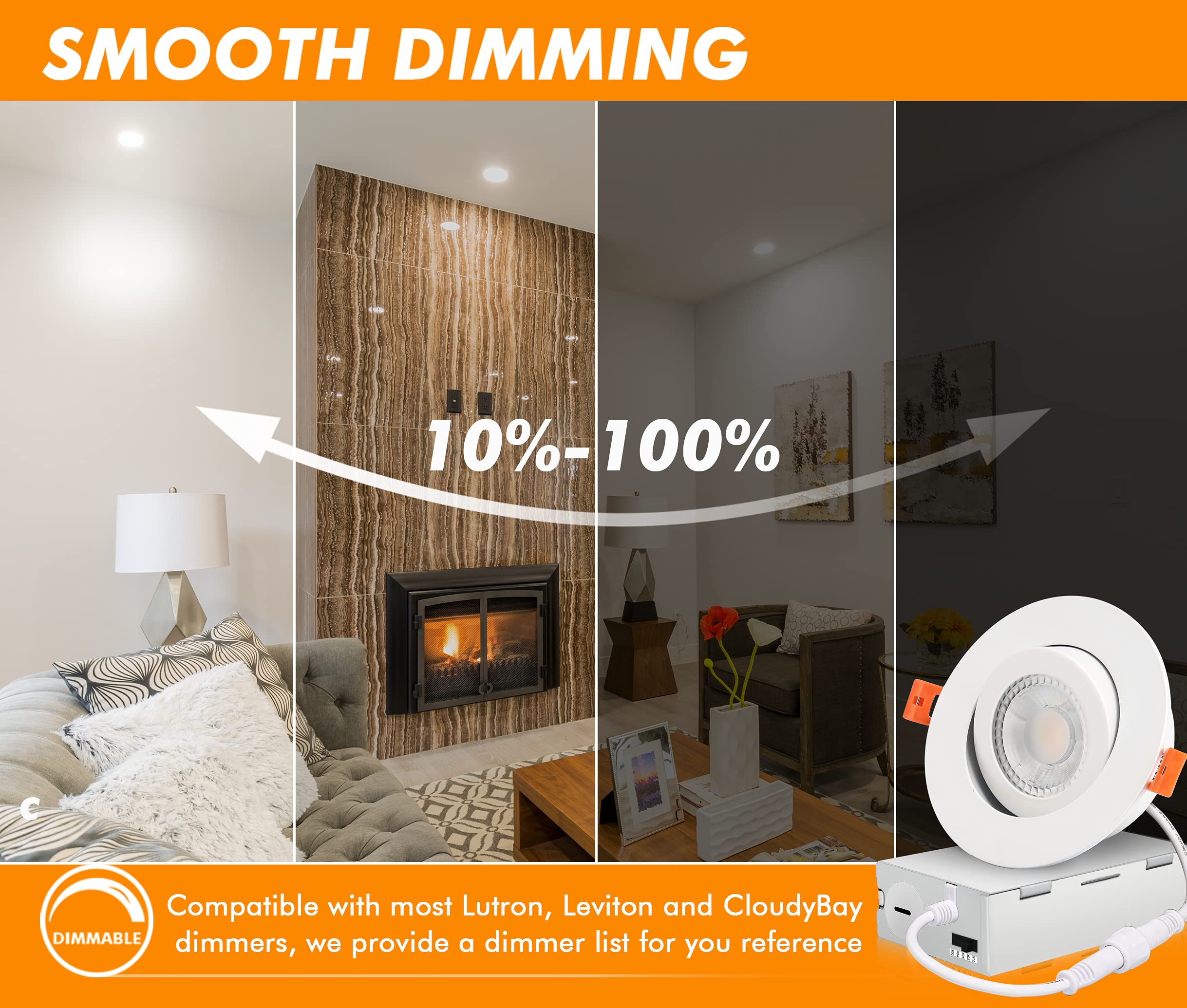Cloudy Bay Eyeball 4 Inch 5 Color Gimbal Led Recessed Light With Junction Box, 9.5W Cri90+ 2700K/3000K/3500K/4000K/5000K Selectable,Dimmable, Canless Recessed Spotlights, Damp Rated, White,Pack Of 6