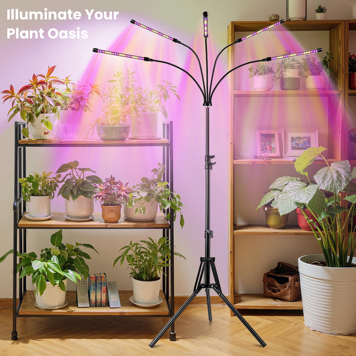 Garpsen Grow Light with Stand, 5 Heads, Full Spectrum LED, Adjustable Tripod, Model BL-C100G, Color A-Red Blue
