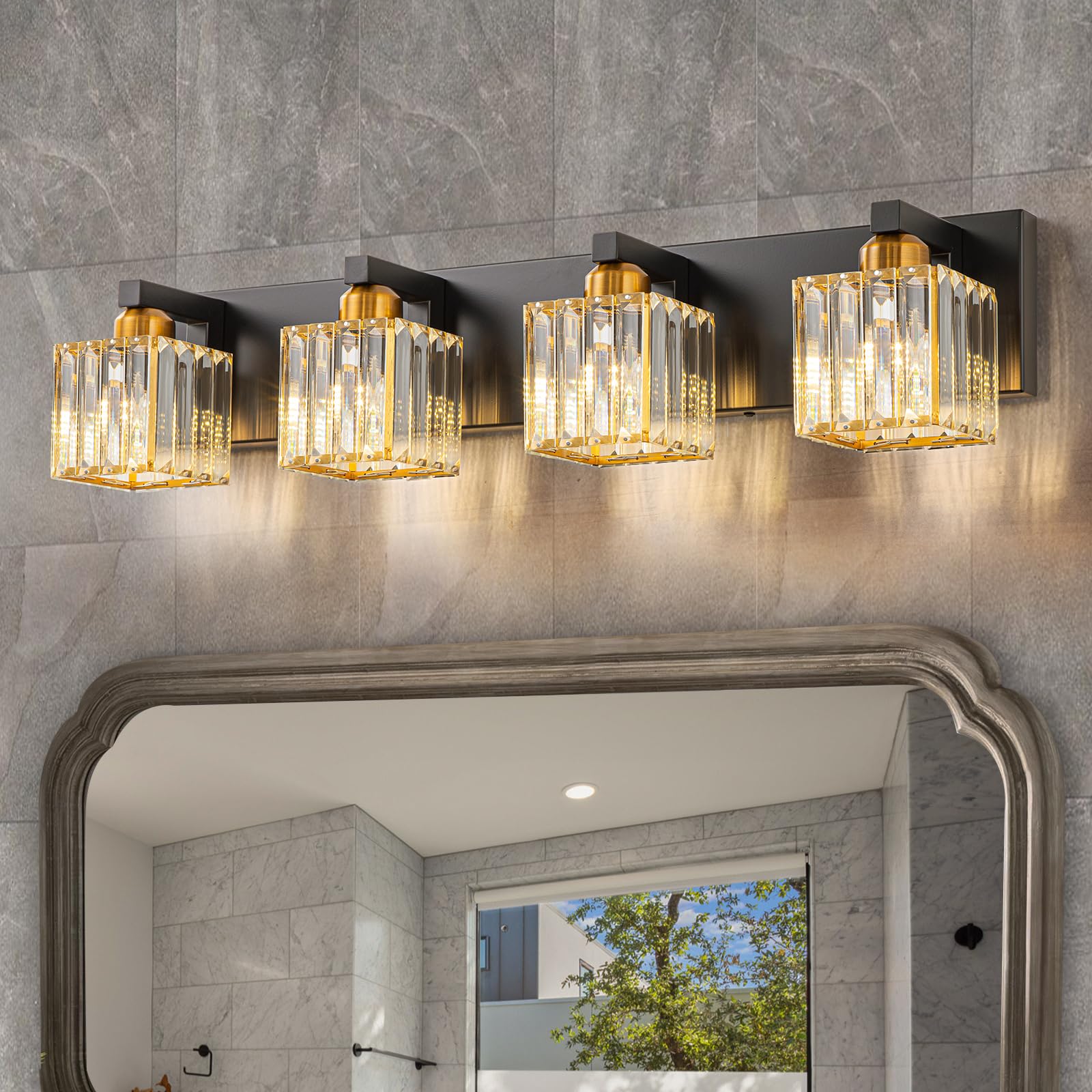 HUOKU Bathroom Vanity Light, 4-Lights, Black Gold Square Shade, Metal & Crystal, Model HUOKU-B01H35Z14G