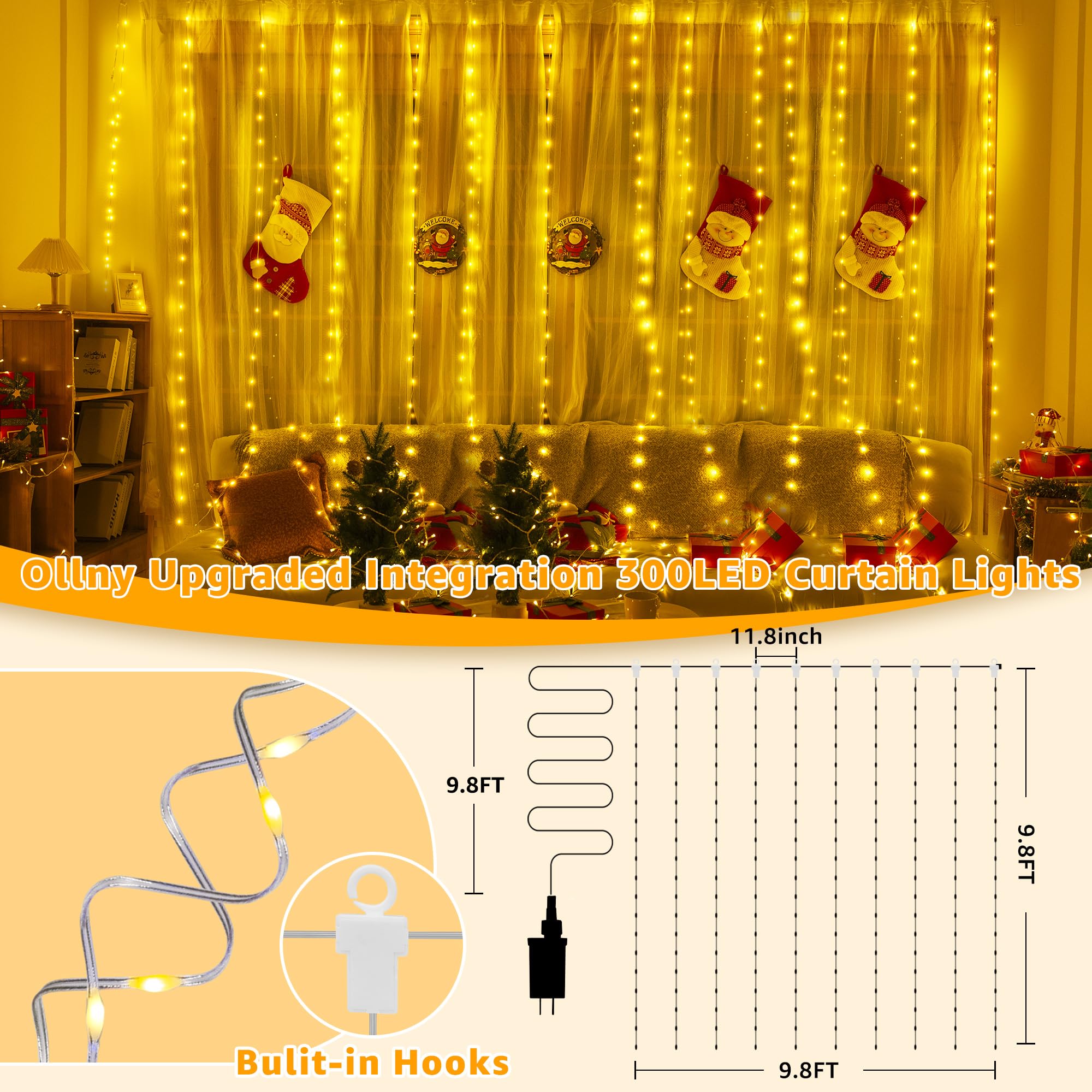 Ollny Curtain Lights 300Led 9.8Ftx9.8Ft, Connectable Ip67 Waterproof Outdoor Curtain String Lights With Remote, Plug-In Untangle Fairy Lights With 8 Modes 3 Timers For Wall Backdrop Decor(Warm White)