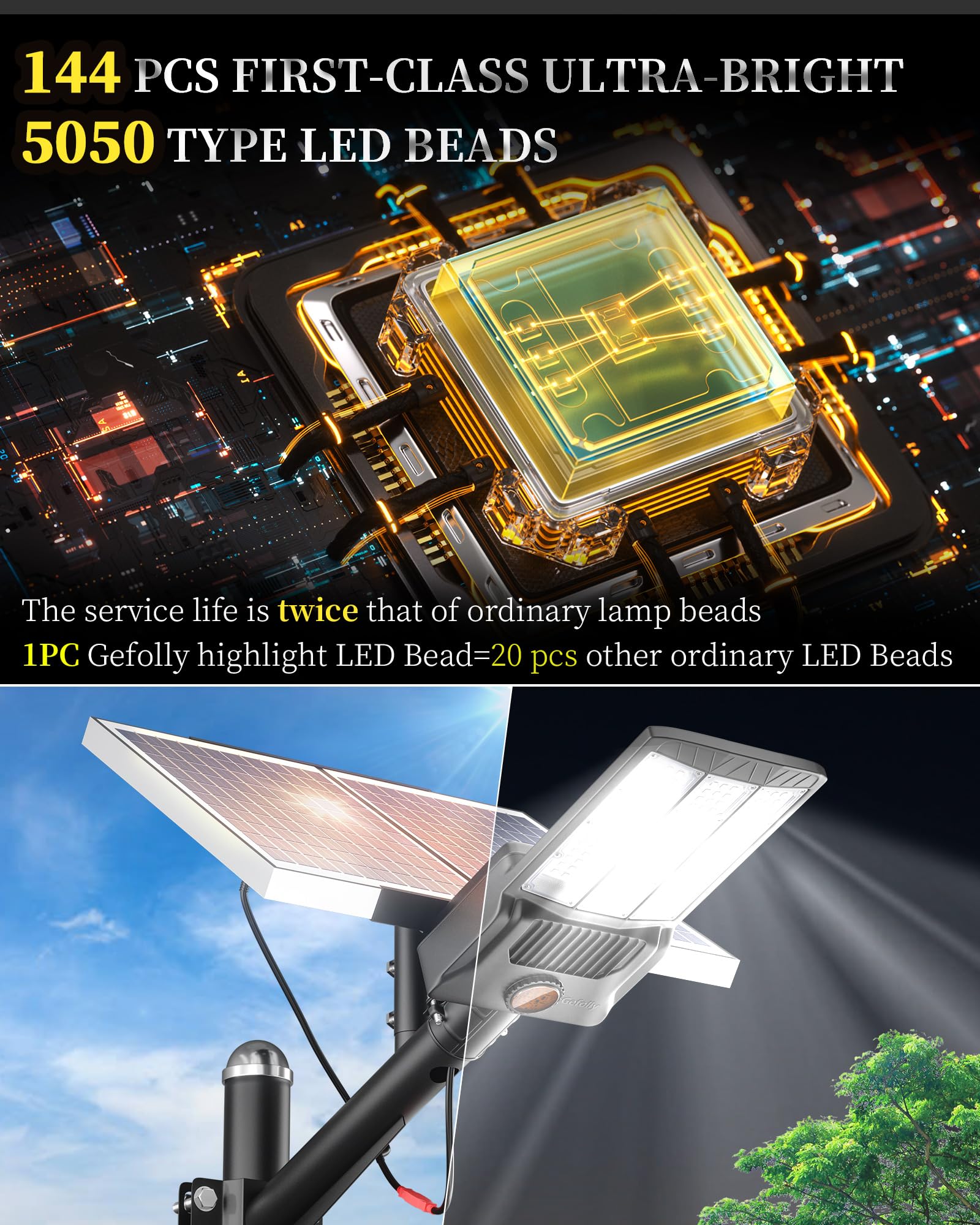 Gefolly SL-9800W Solar Street Light, 650000LM, IP67 Waterproof, 6500K, White, Ideal for Outdoor Parking Lots and Yards