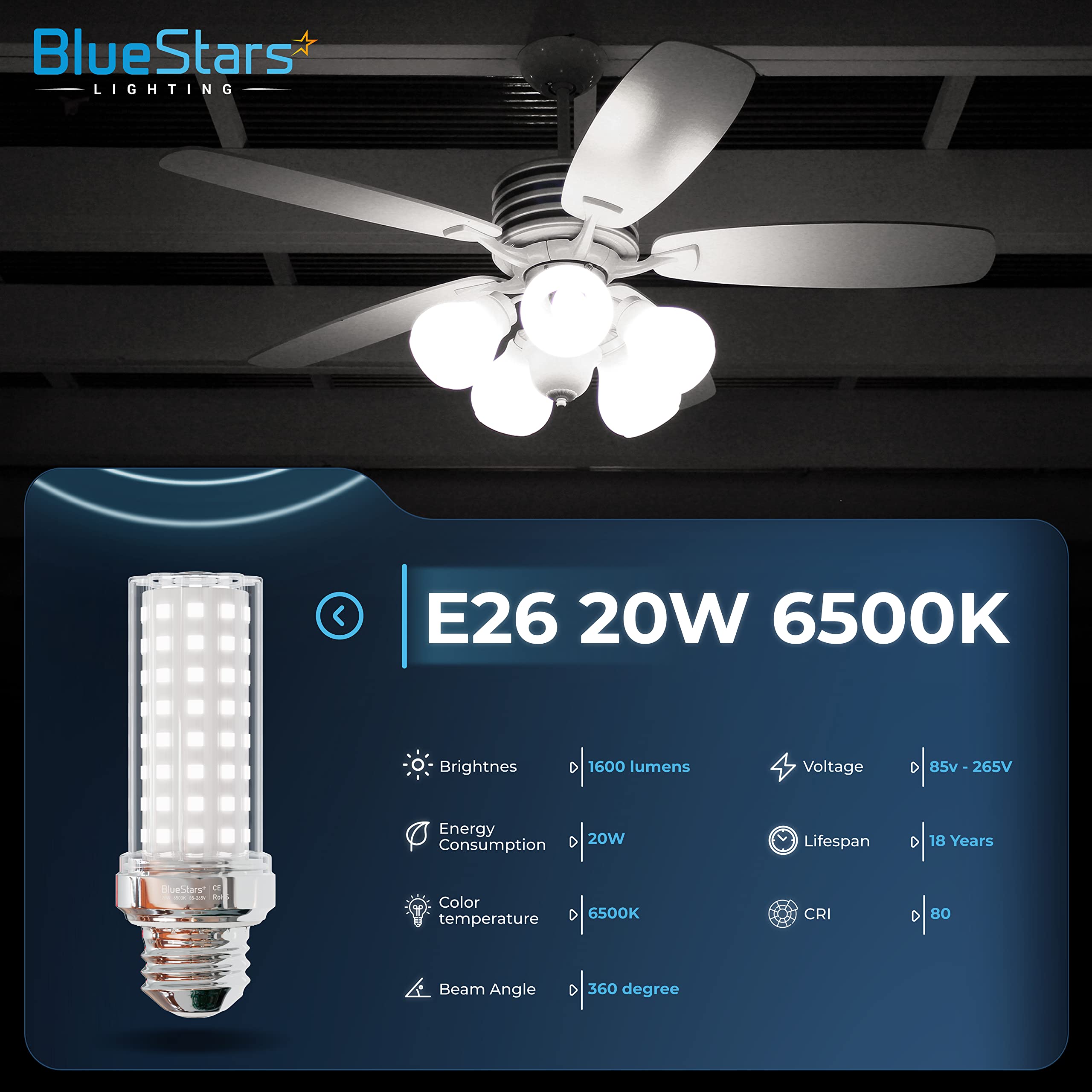 BlueStars LED Corn Light Bulbs, 150W Equivalent, 1600 Lumens, 20W E26 Base, 6500K Daylight White, Non-Dimmable, 4