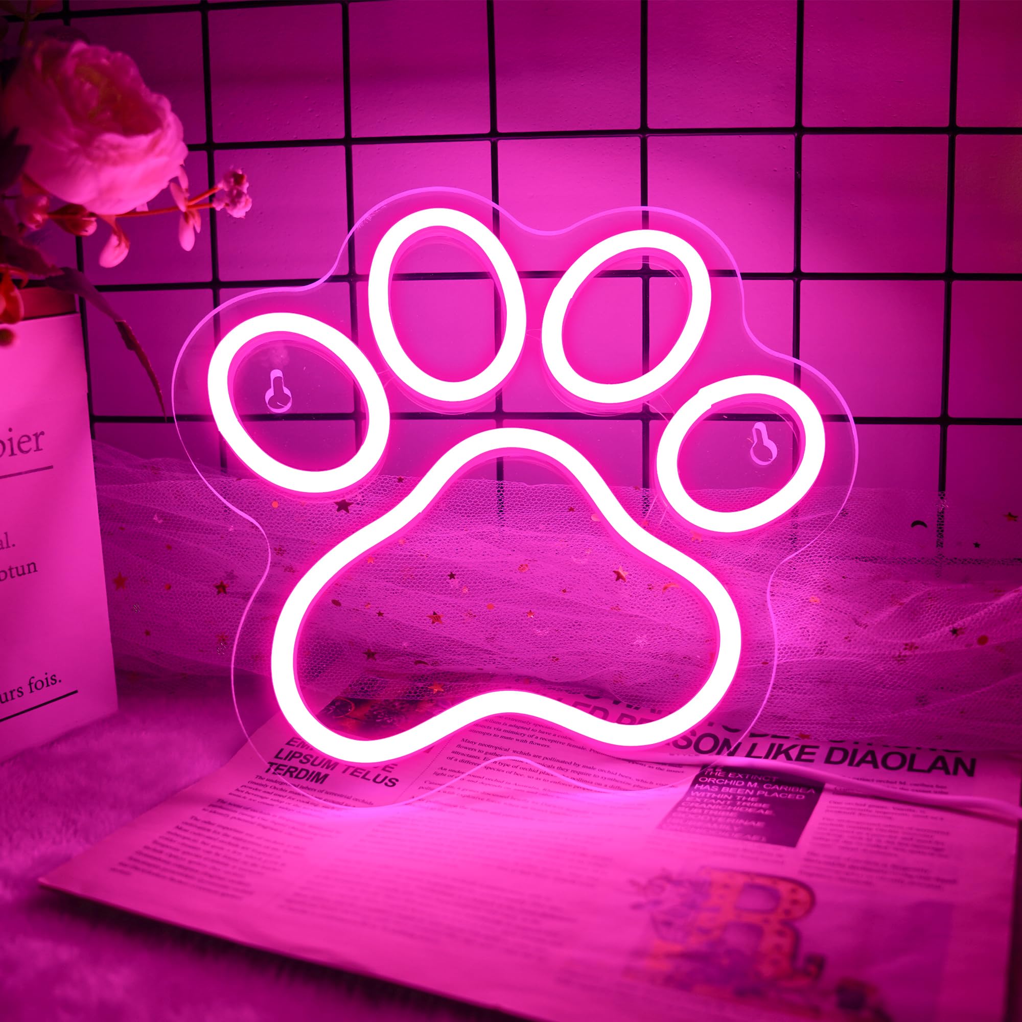 Aslanka Dog Paw Neon Led Sign  Dimmable Paw Neon Light For Wall Decor  Usb Powered Neon Light Sign For Bedroom Dog House Esthetics Wall Art-Pink