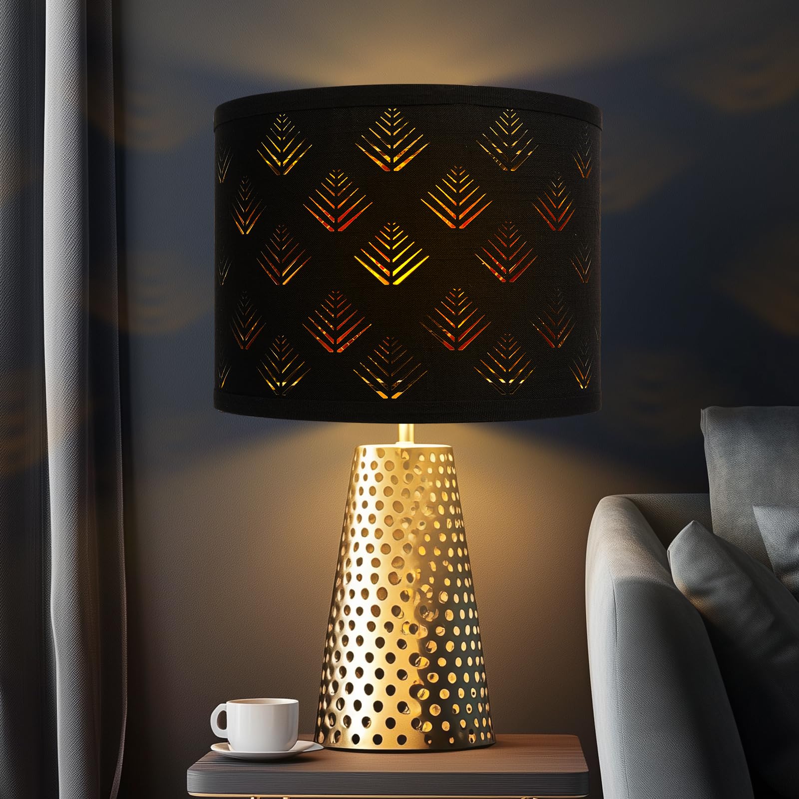ALUCSET Lamp Shades Set of 2, 13in Drum Fabric Lampshades with Leaf Design, Black, Model LLA-S2416J