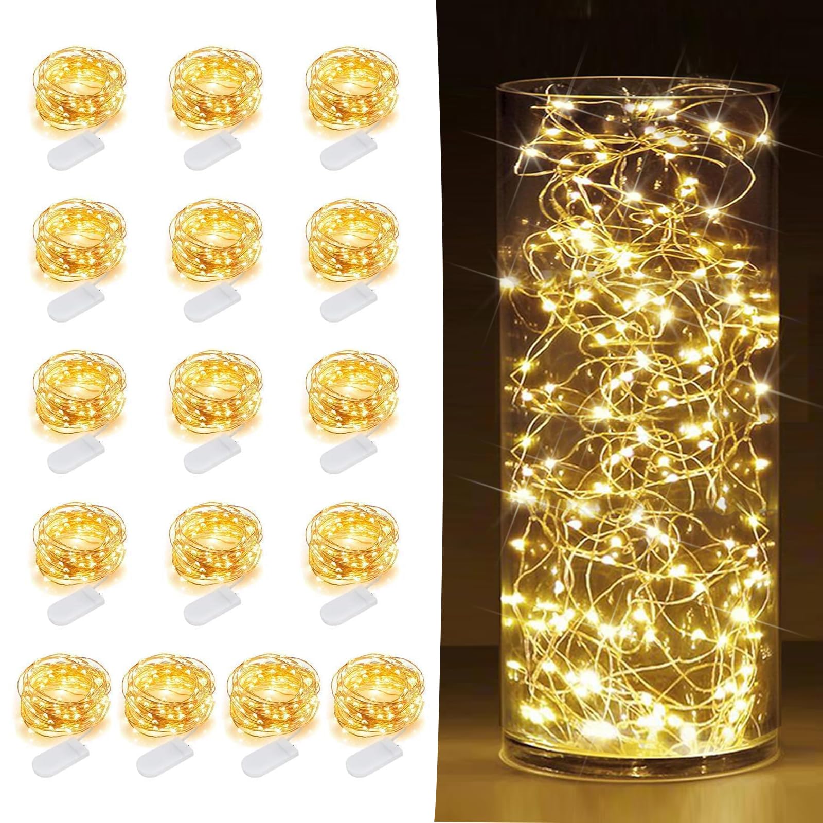 SOCO 16 Pack LED Fairy Lights - 10FT 30LED Copper Wire, Warm White, Battery Operated, IP65 Waterproof for Indoor/Outdoor Decor