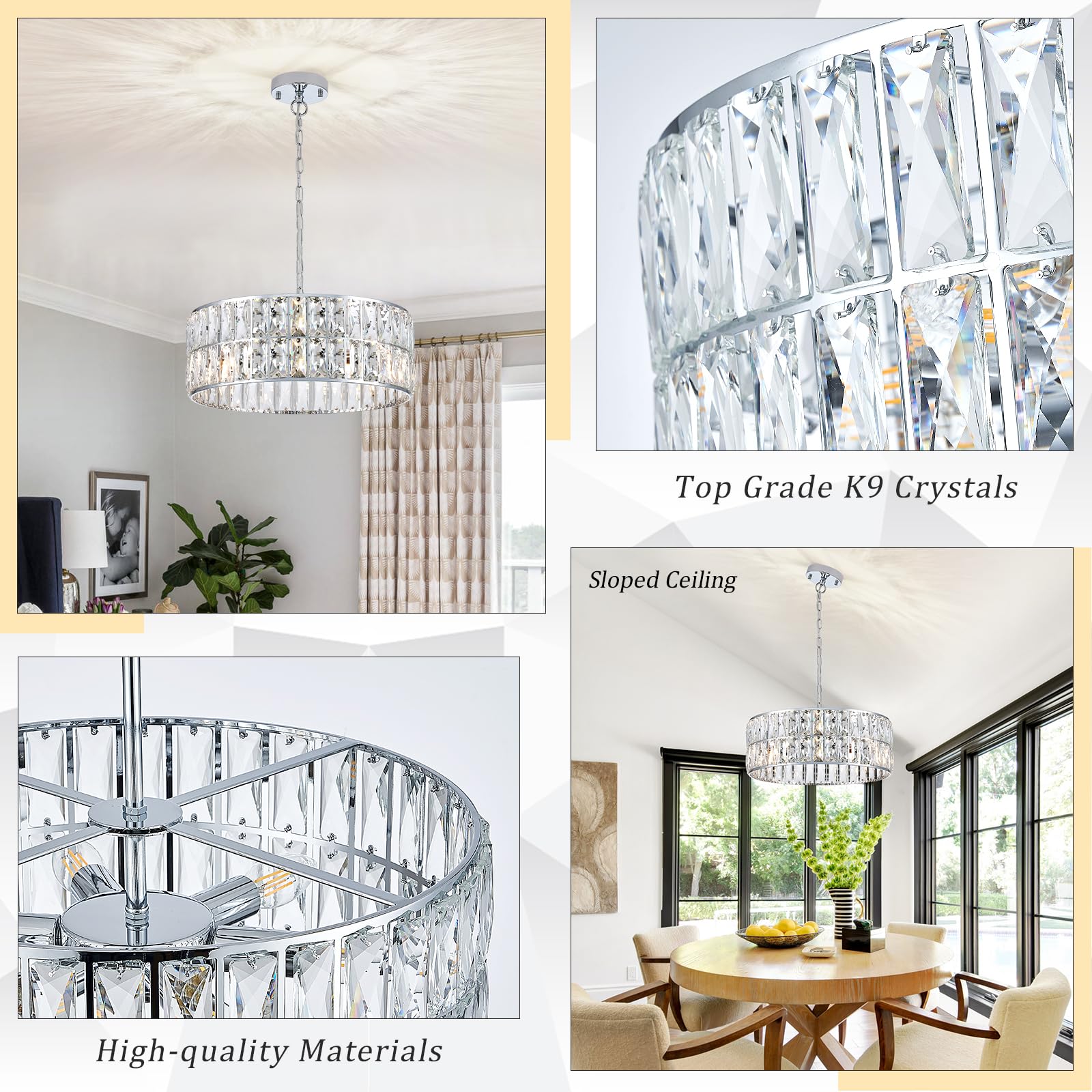 Catiner Modern Crystal Chandelier 18 Chrome Semi Flush Mount Ceiling Light Fixtures 6-Lights Drum Crystal Pendant Lighting For Dining Room Foyer Bedroom Living Room