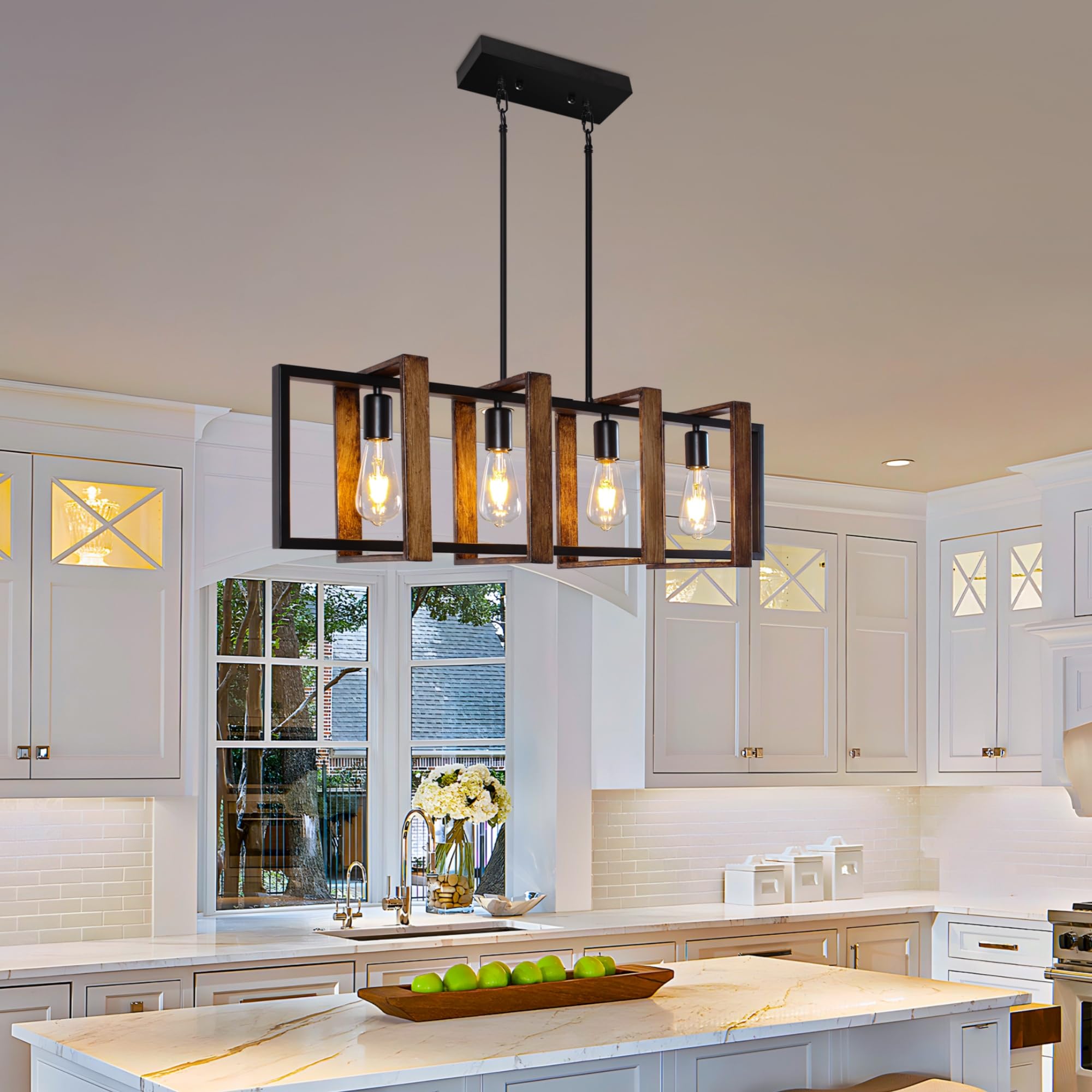 Tyhogar Dining Room Light Fixture-35 Adjustable Height 4-Light Farmhouse Chandelier Rustic Faux Wooden Kitchen Island Lighting Country Style Dining Room Chandeliers (No Bulbs Included)