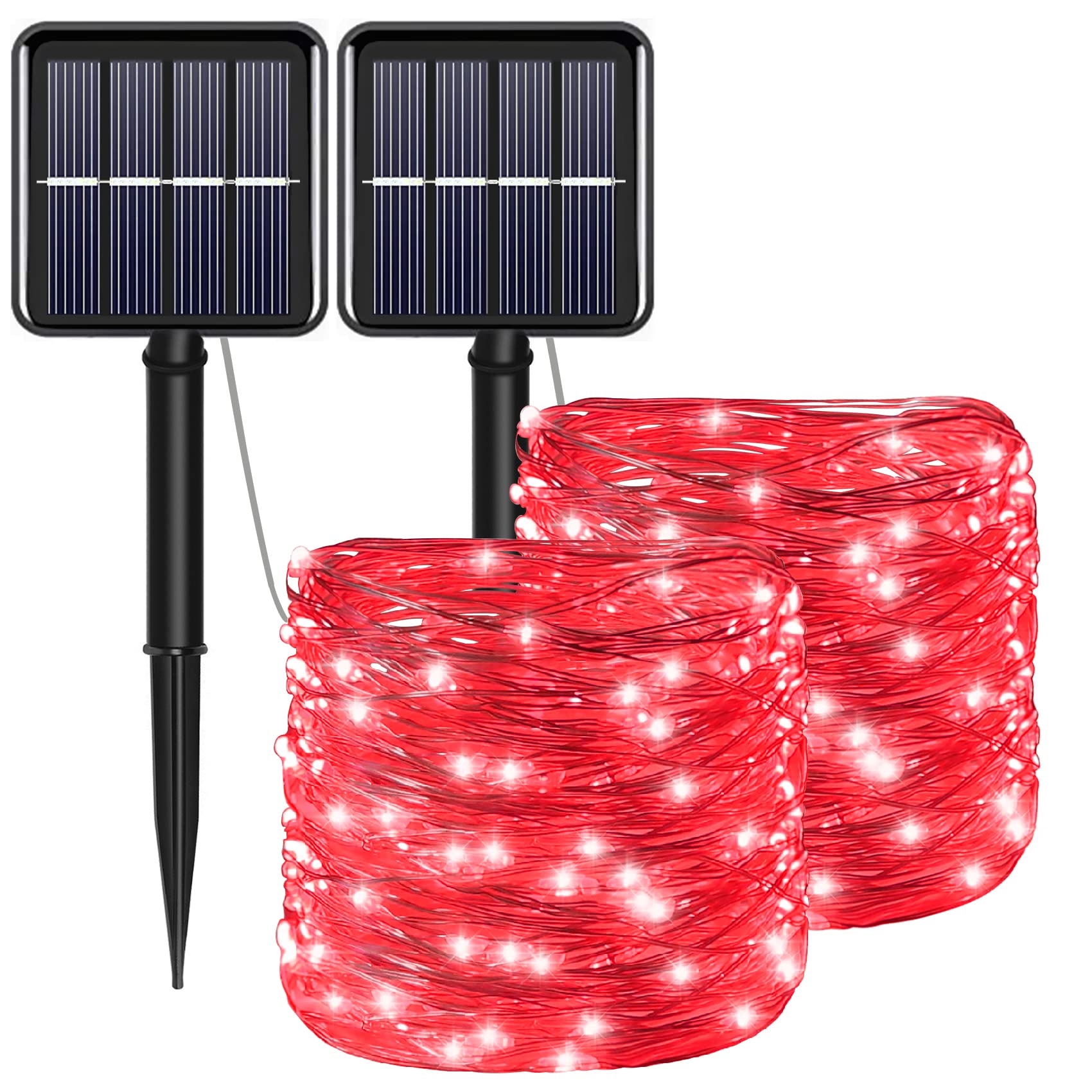 YAOZHOU Solar String Lights, 200 LED, Red Copper Fairy Lights, Waterproof, 8 Modes, 2 Pack for Outdoor Decoration