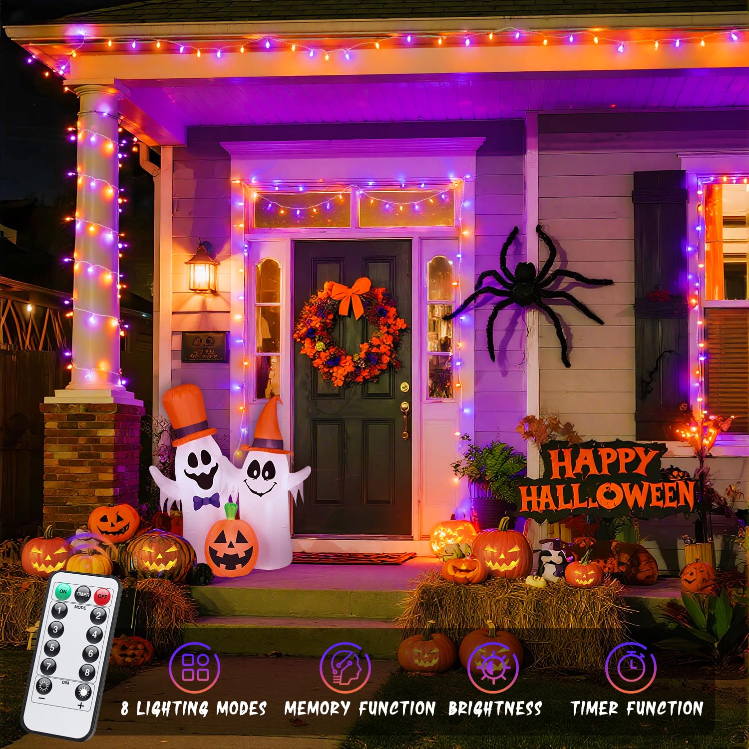 JMEXSUSS Battery Operated String Lights, 33ft 100 LED, Orange & Purple, Remote Control, Indoor/Outdoor, 2 Pack