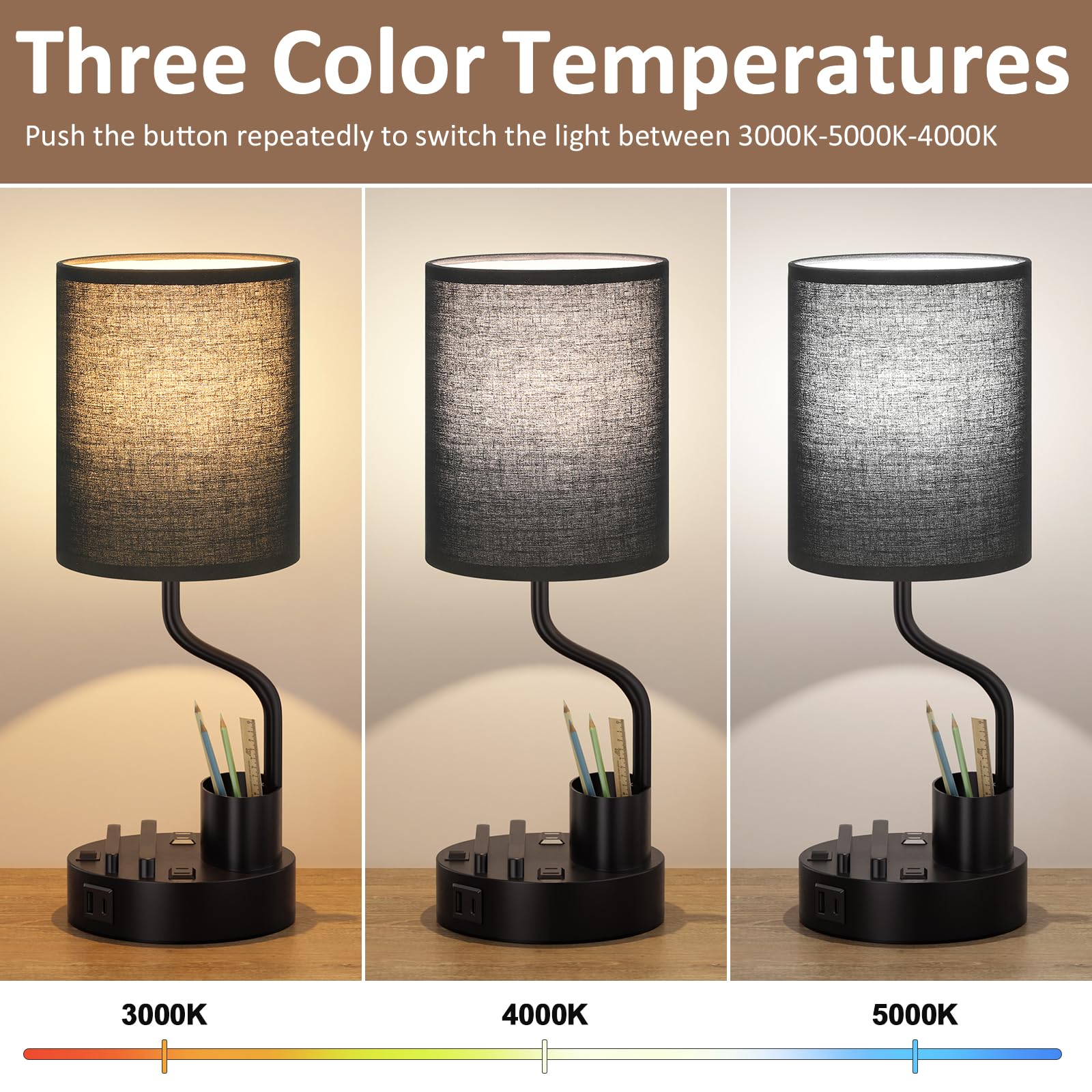 Black Bedside Table Lamps For Bedroom Set Of 2 - Nightstand Light With Ac Outlet And Usb A & C For Charging, 3 Color Temperature