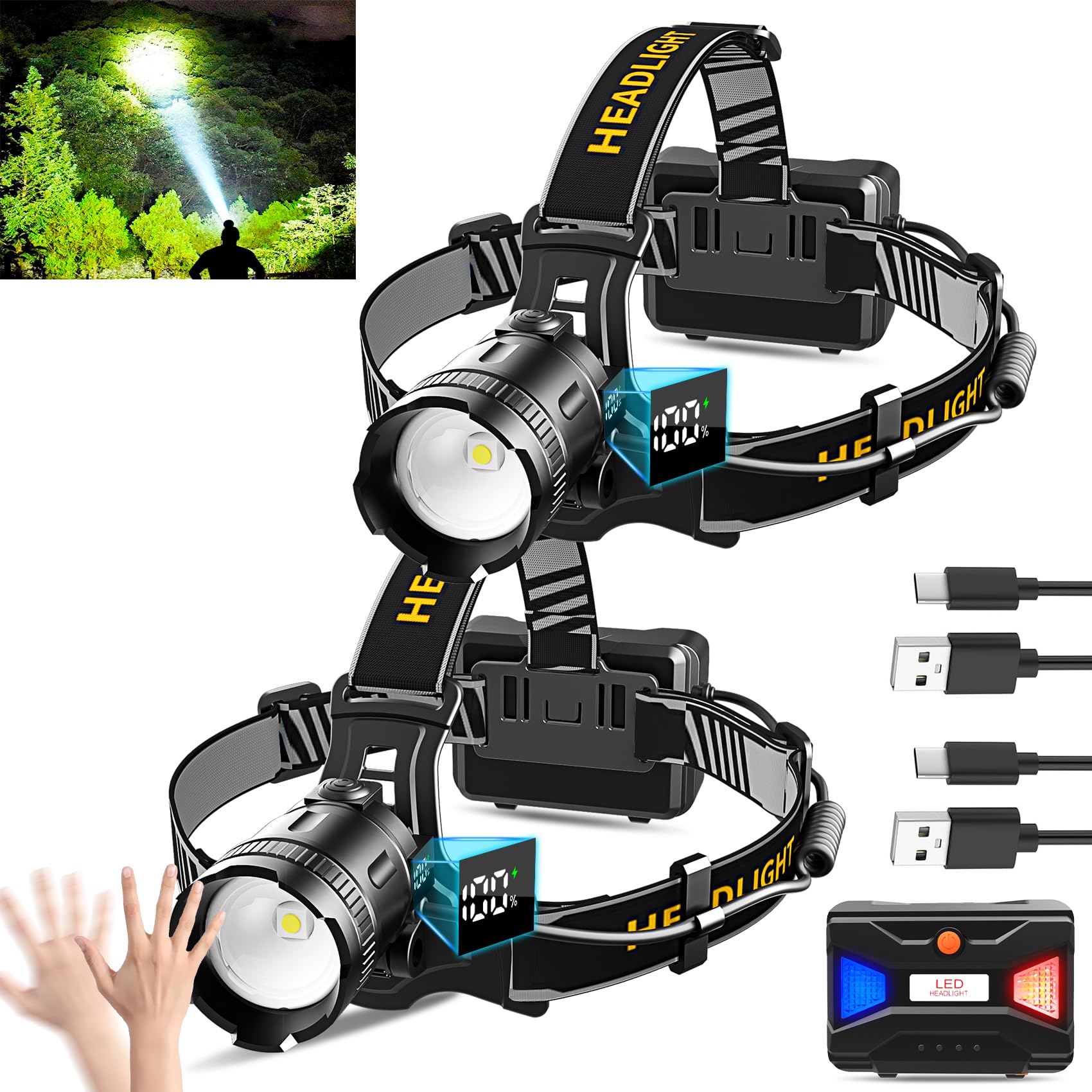 Led Headlamp With Motion Sensor Super Bright, 3 Lighting Modes, Digital Display, Rechargeable, Waterproof Head Lamp, 90 Adjustab