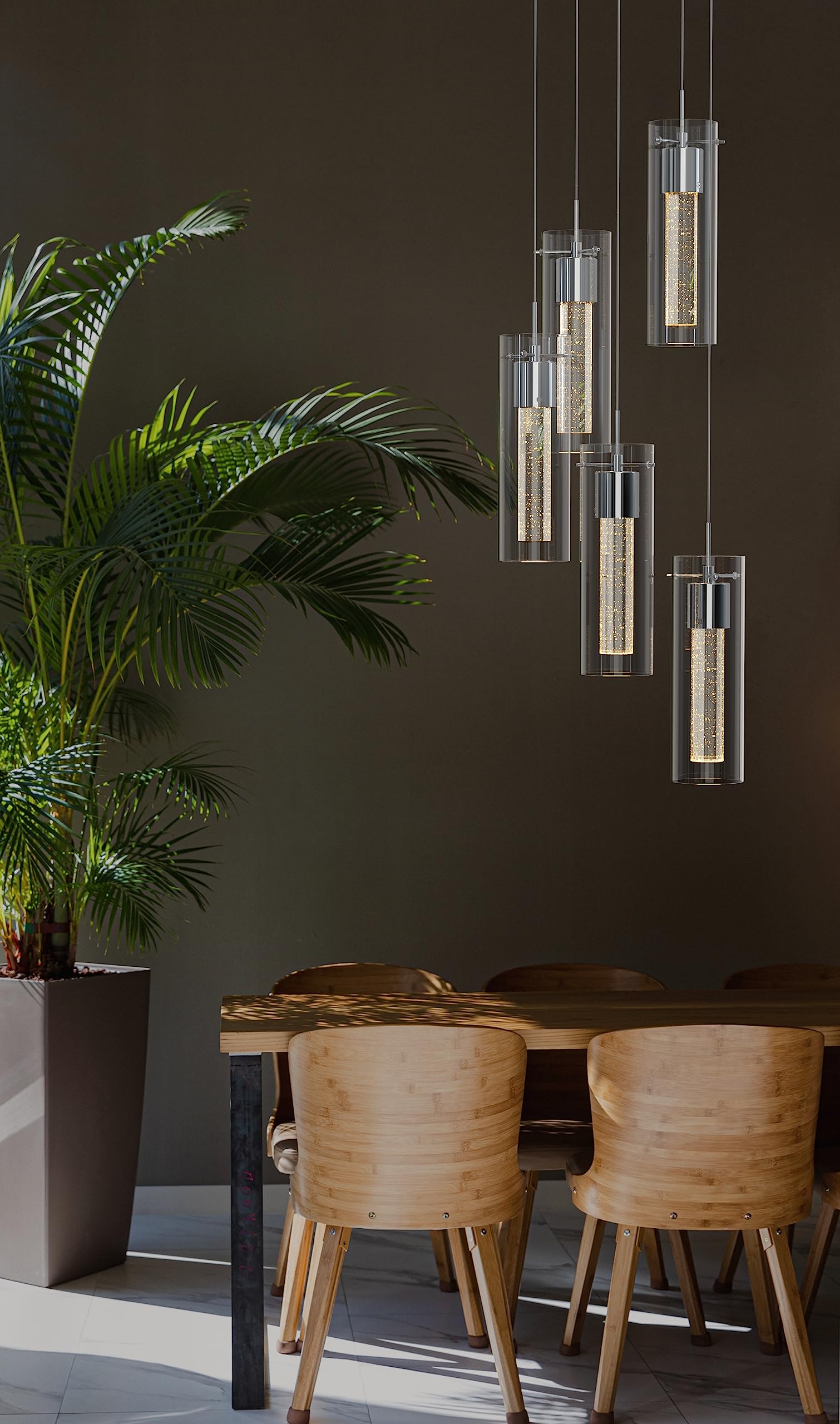 Tawson 5-Light Chandelier Pendant Ceiling Light, Integrated LED, Bubble Glass, Silver, Model 12730, Ideal for Kitchen, Hallway, Dining Room