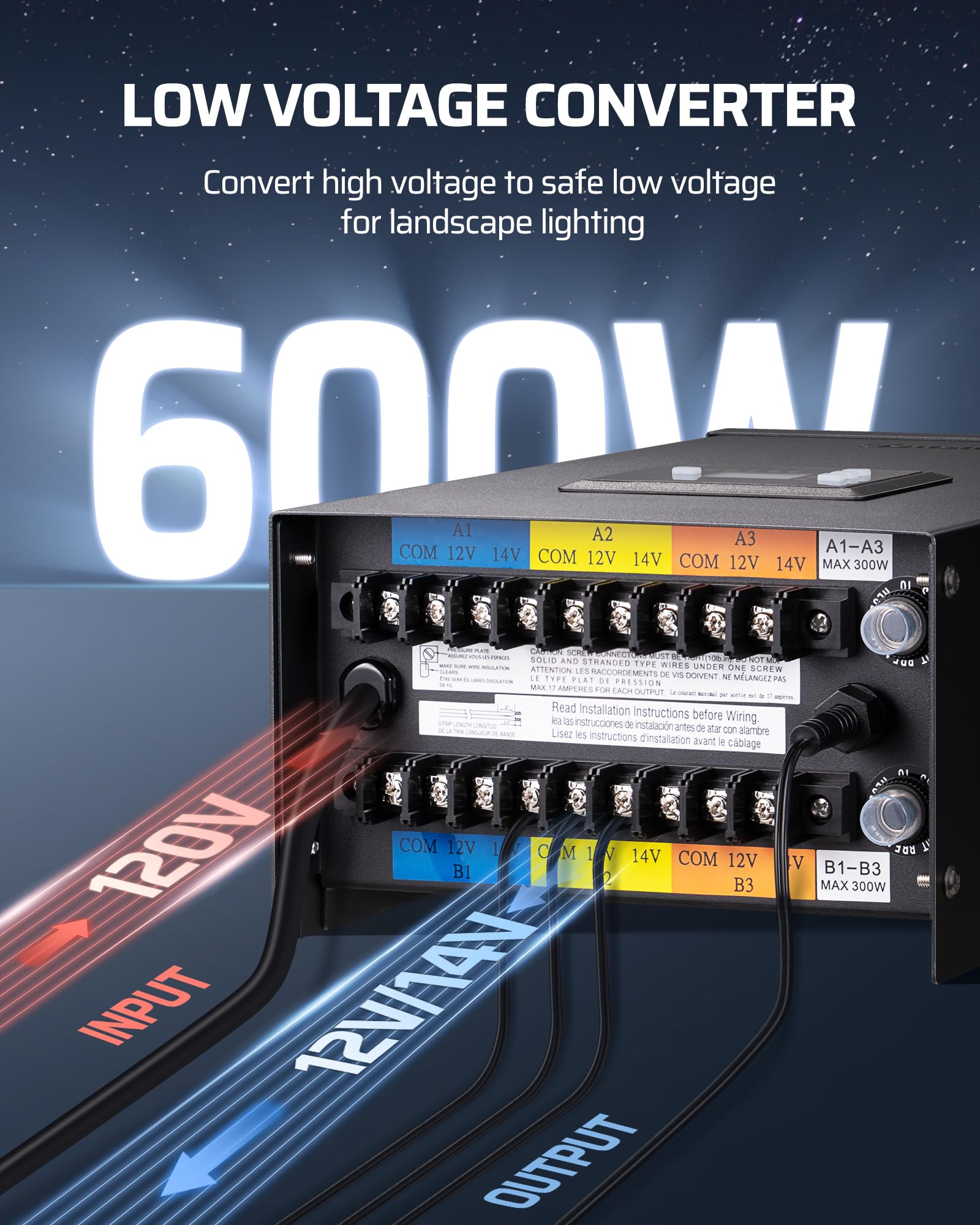DEWENWILS 600W Low Voltage Landscape Transformer - 6 Outputs, Photocell & Timer, Waterproof 12V/14V AC, Model HOSL08E