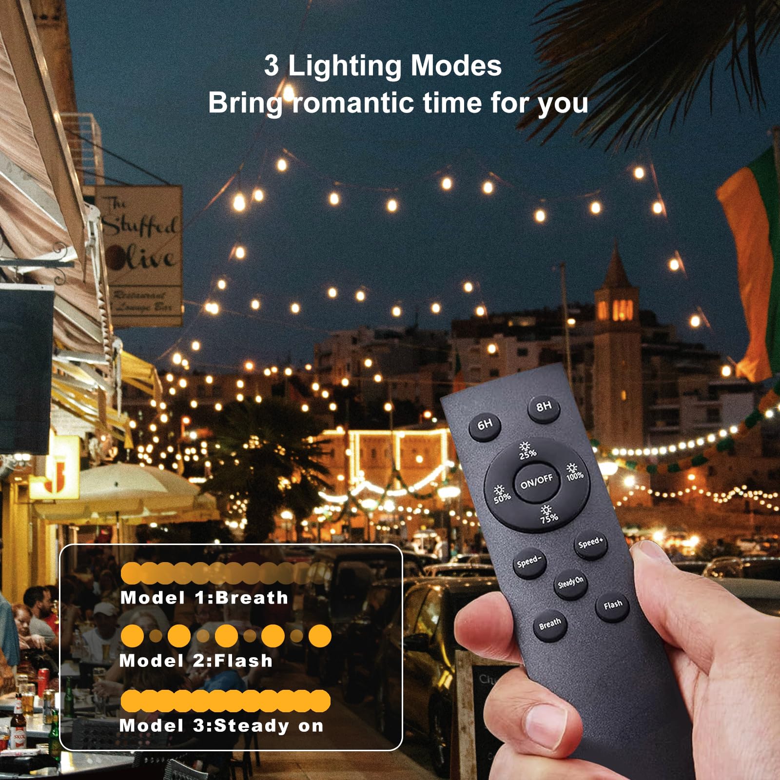 54(48+6) FT Solar String Lights Outdoor Waterproof with ST38 Shatterproof Bulbs, Solar Powered Remote Control, Dimmable & Timabl