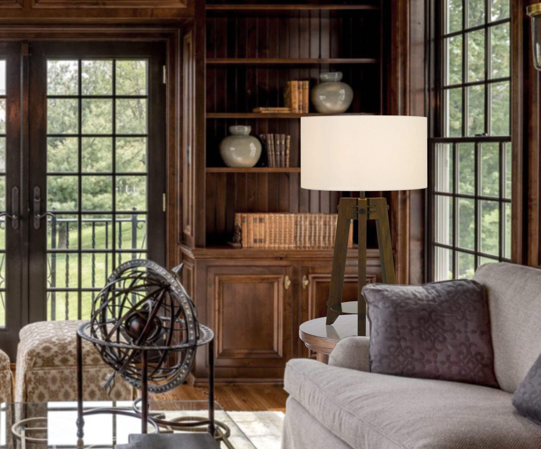 HomeRoots Table Lamp 32 in. Brown Metal with Off White Drum Shade Model 524779