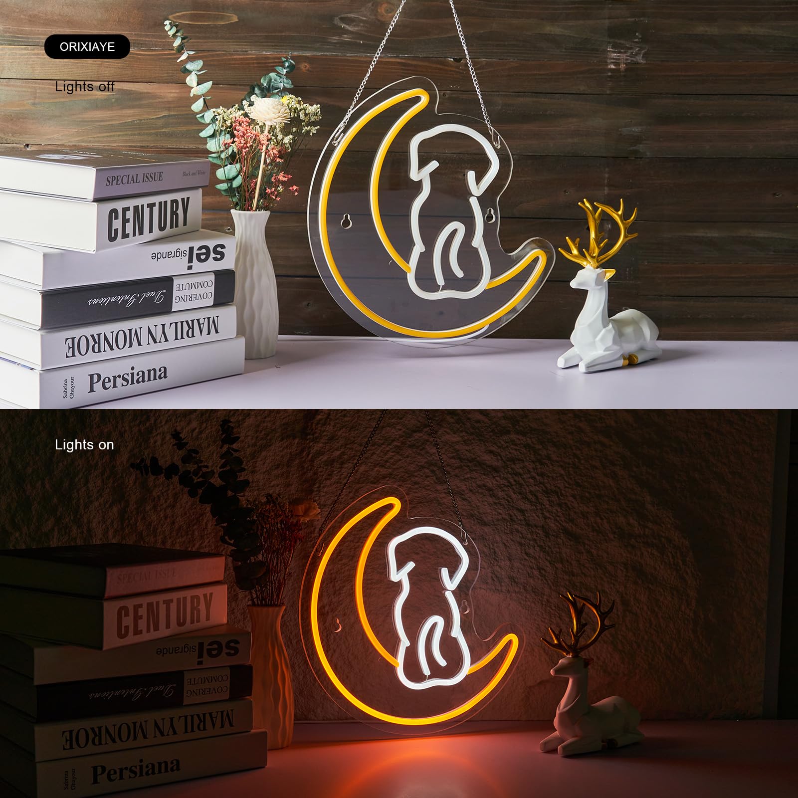 Dog Neon Sign Moon LED Lights for Wall Decor Teen Room Decor Gifts for Birthday Kids Room Art Decor Boys Room Decor Playroom Dec