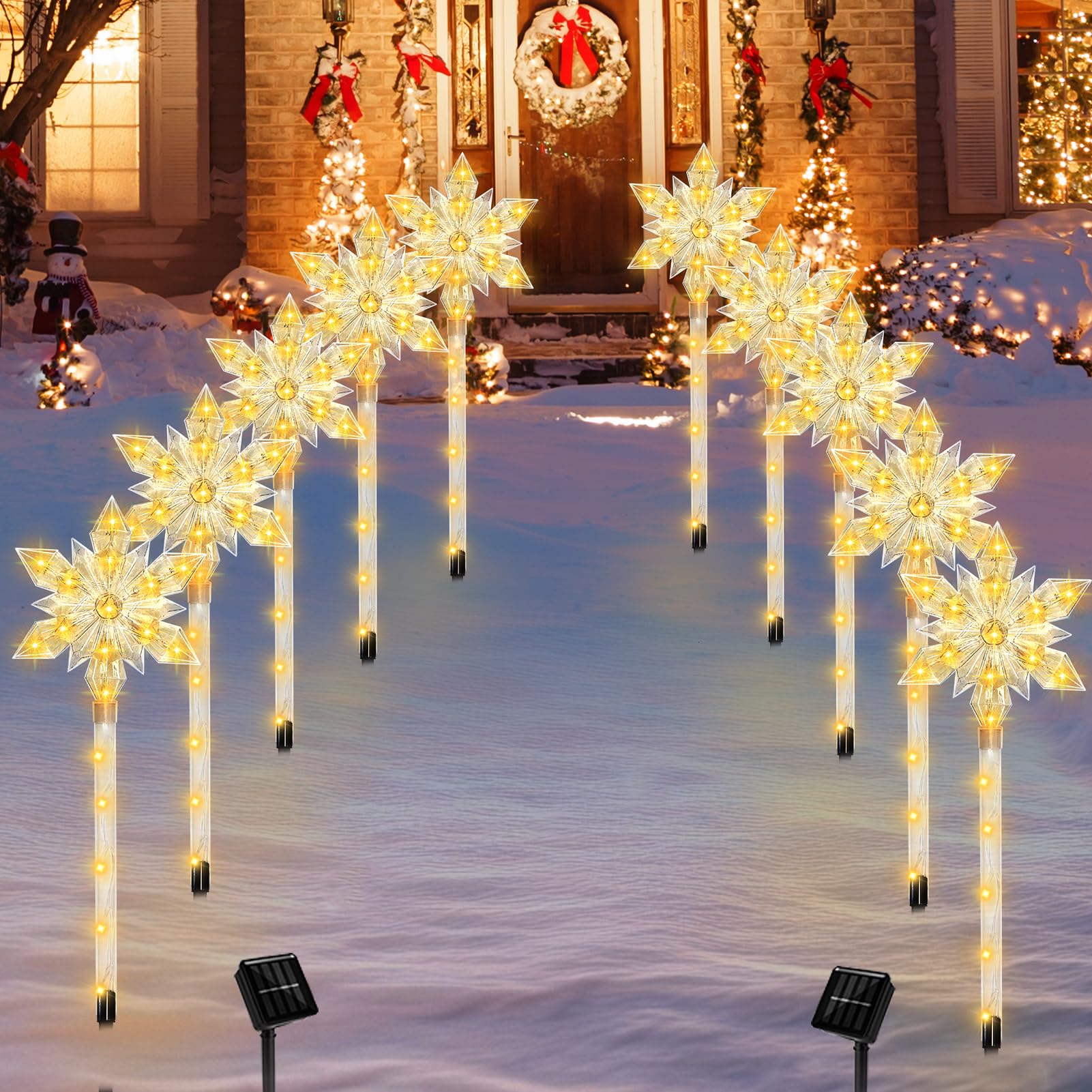 VOGVOG Snowflake Solar Christmas Pathway Lights, 10pcs LED Waterproof Outdoor Decor, Warm White