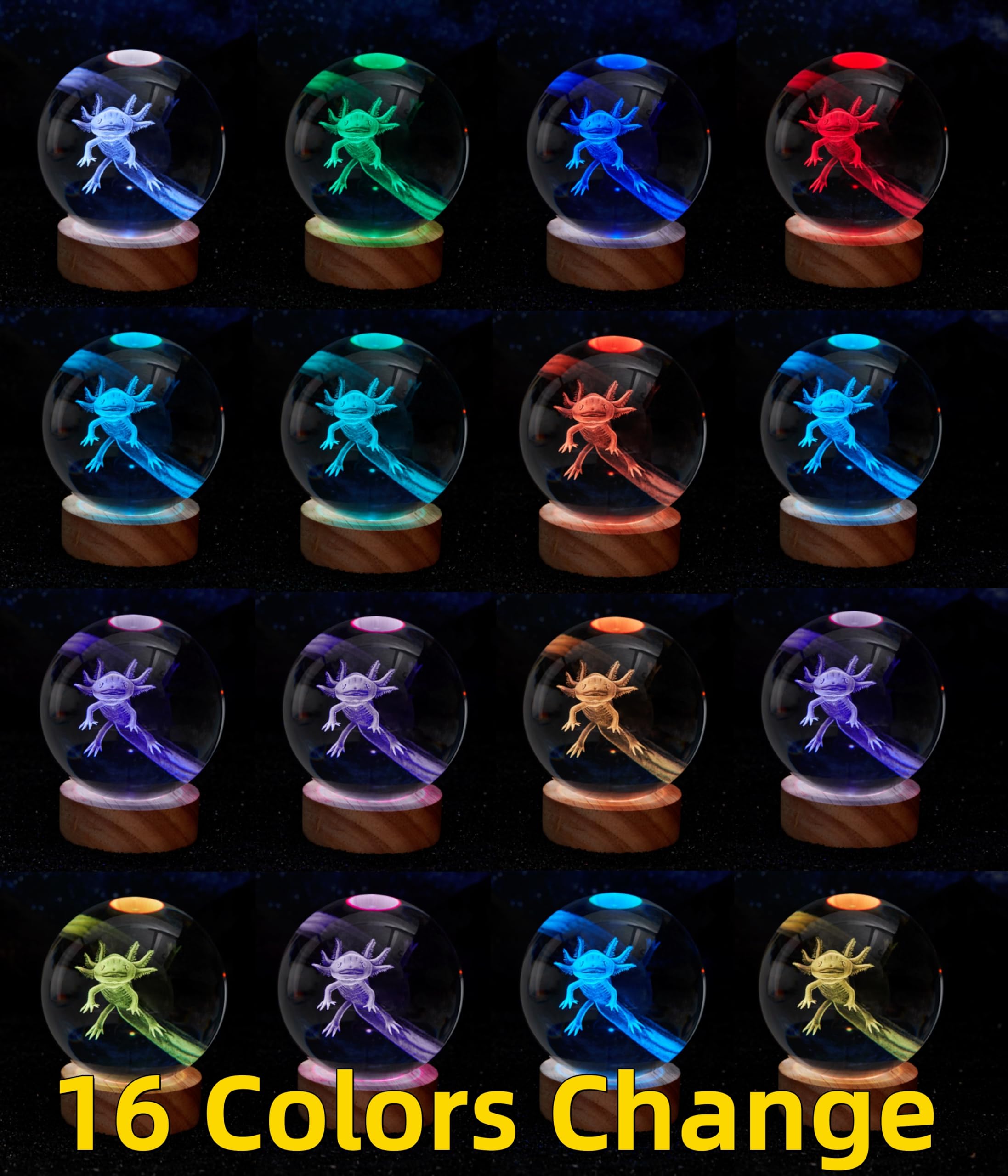 DIGFPWT Axolotl Crystal Ball Night Light, 3.15 Inch, LED Wooden Base, 16 Colors, Gift Box Packing, Color: Axolotl B
