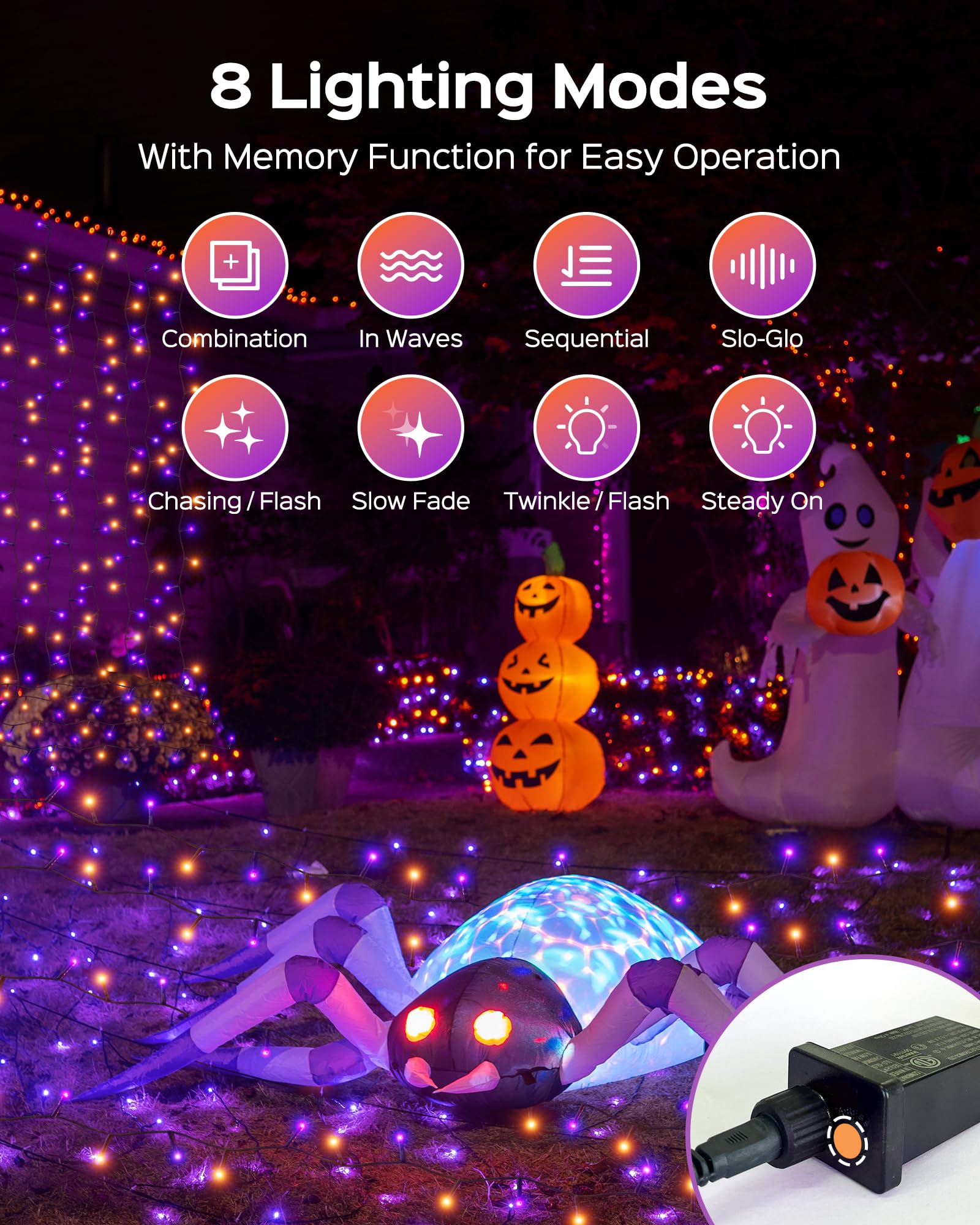 Jackyled 300Led Purple & Orange Halloween Lights, 109Ft Outdoor String Lights Connectable, Memory Function, 8 Modes Indoor Hallo