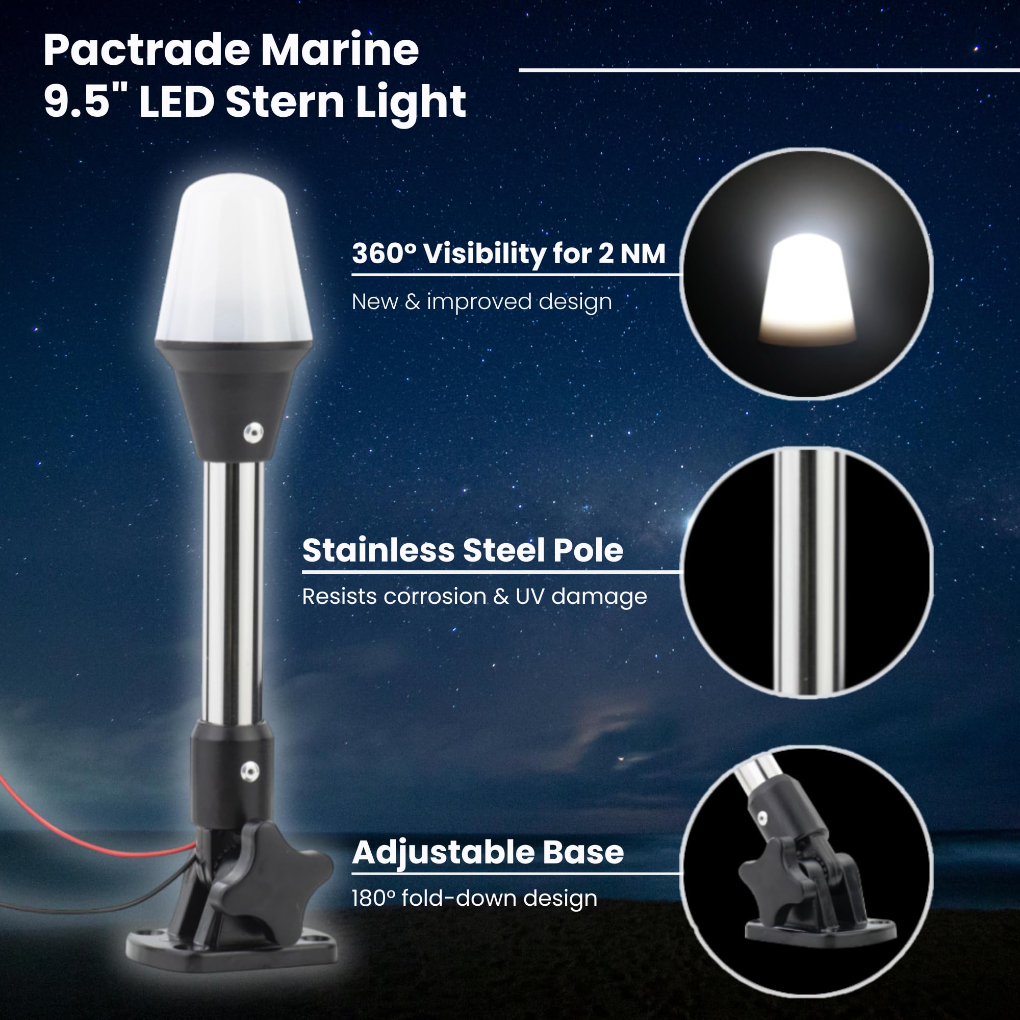Pactrade Marine LED Stern Light - 9.5-Inch, Surface Mount, Fold-Down Base - Silver/Black - Model P01115LD
