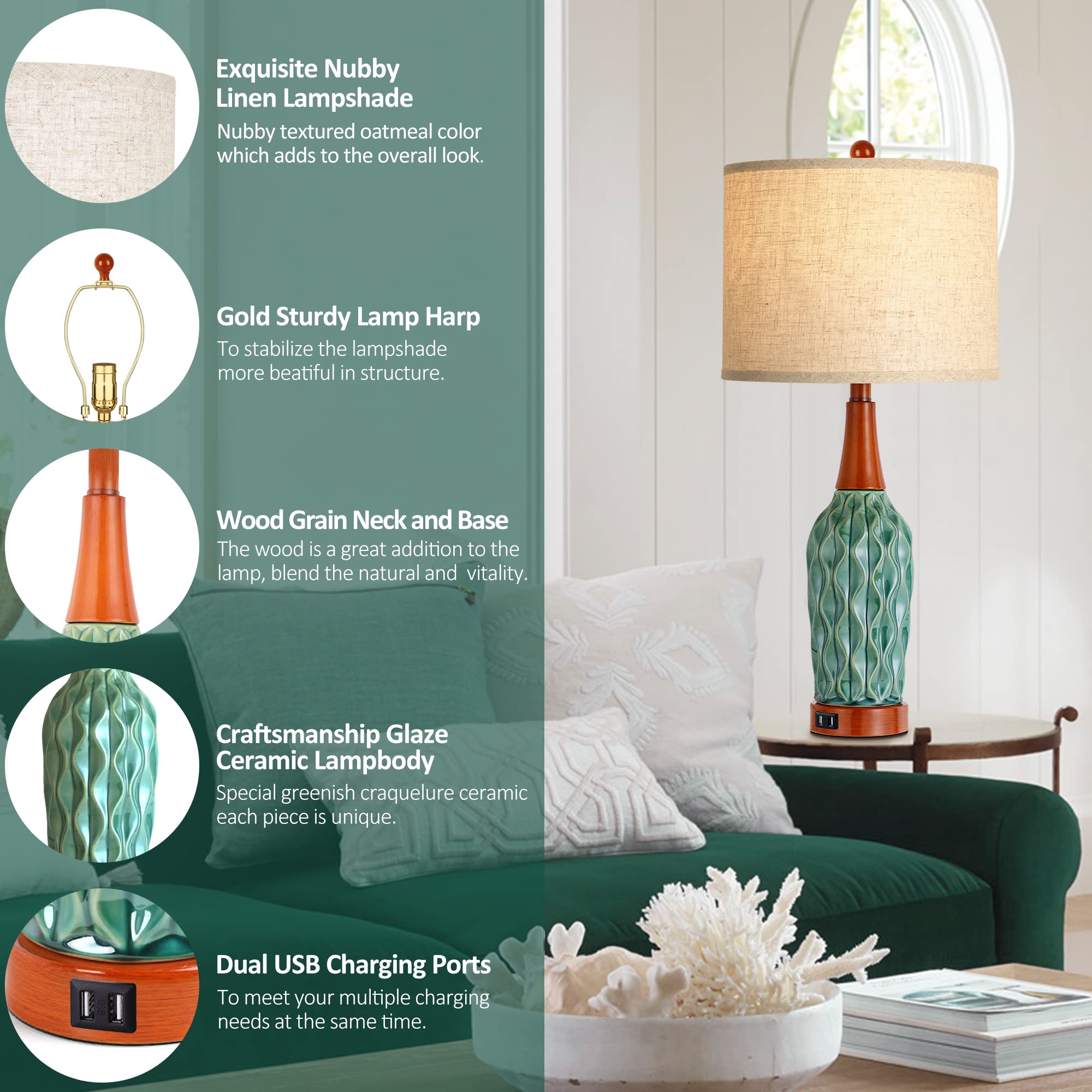 Vpazg Vintage Table Lamps Set Of 2, Turquoise 3-Way Dimmable With Usb Port & Linen Shade