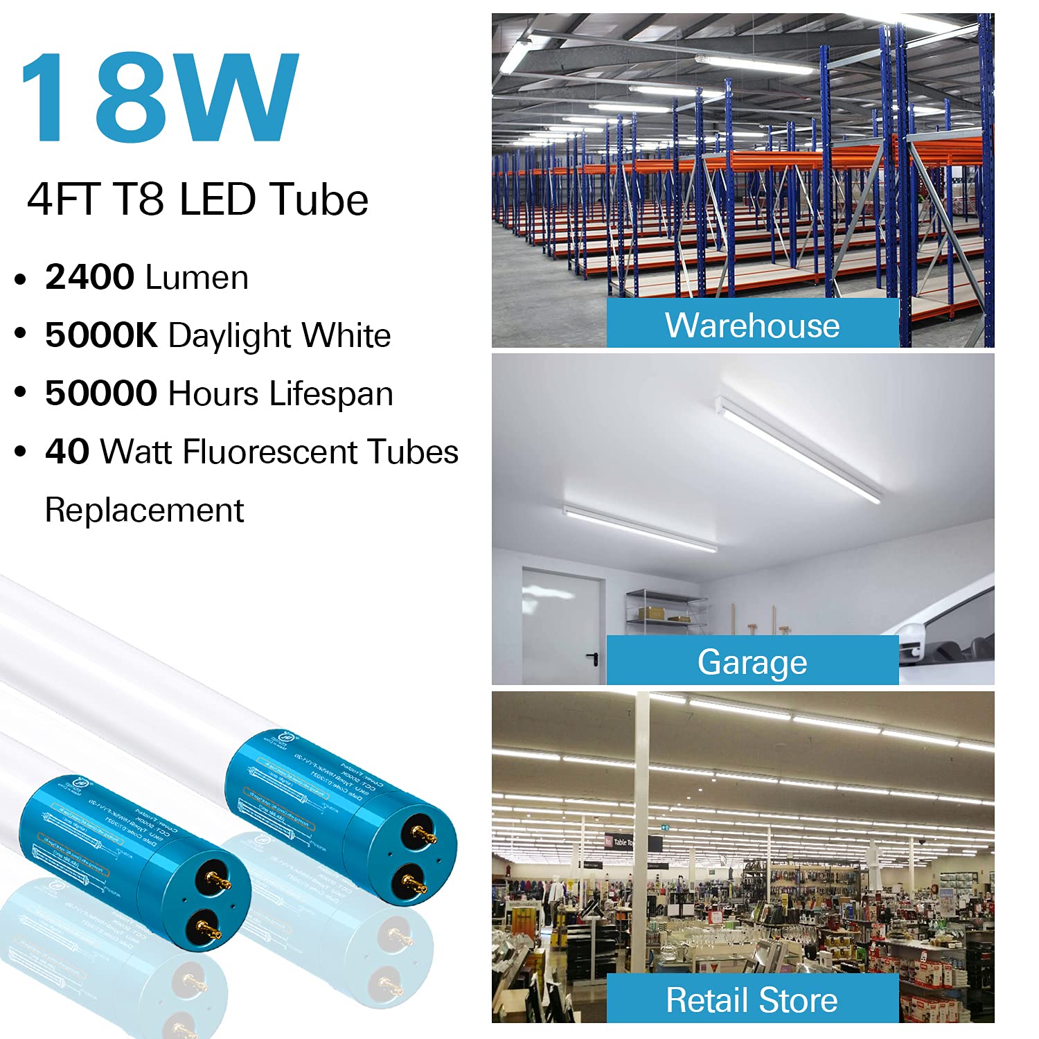 Hykolity 20 Pack 4Ft Led T8 Ballast Bypass Type B Light Tube, 18W, 2400Lm For Single-Ended & Dual-Ended Connection, 5000K, Frost