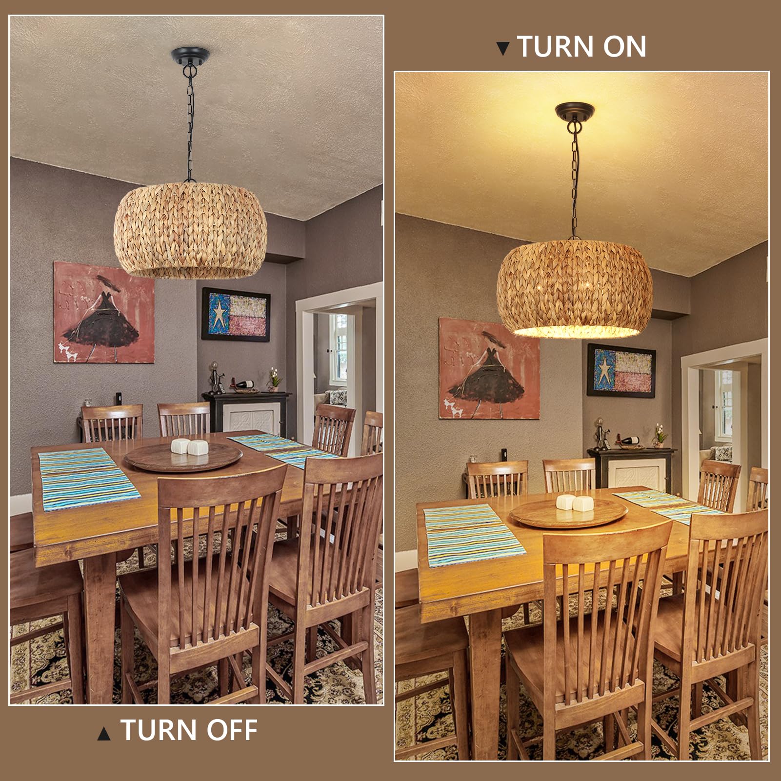 Pauful Farmhouse Boho Chandelier, 5-Light With Water Hyacinth Lampshade, For Dining Room, Kitchen Island, Bedroom, Living Room