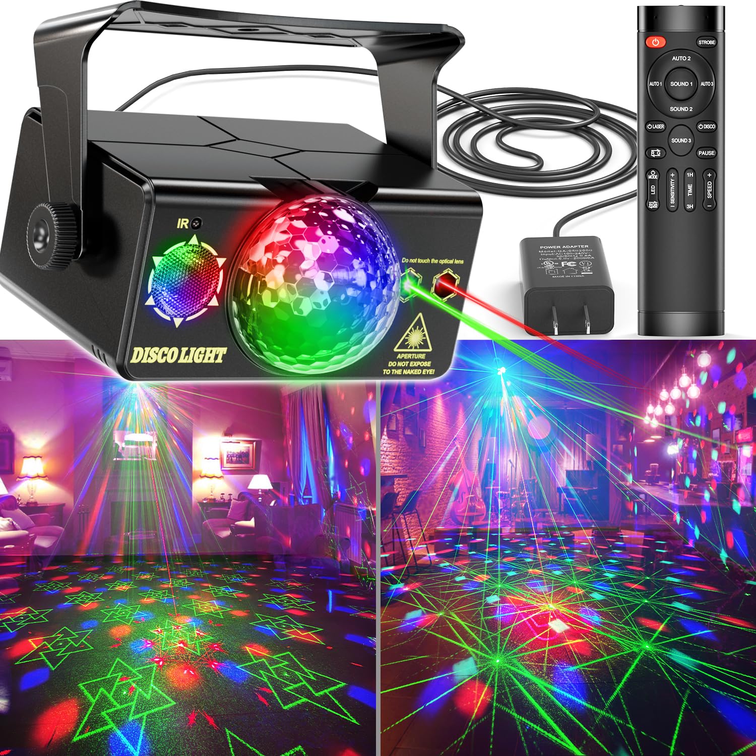 Party Lights Disco Light Strobe Stage Light Rave Lights Sound Activated RGB Led Projector with Remote Control for Parties Bar Bi