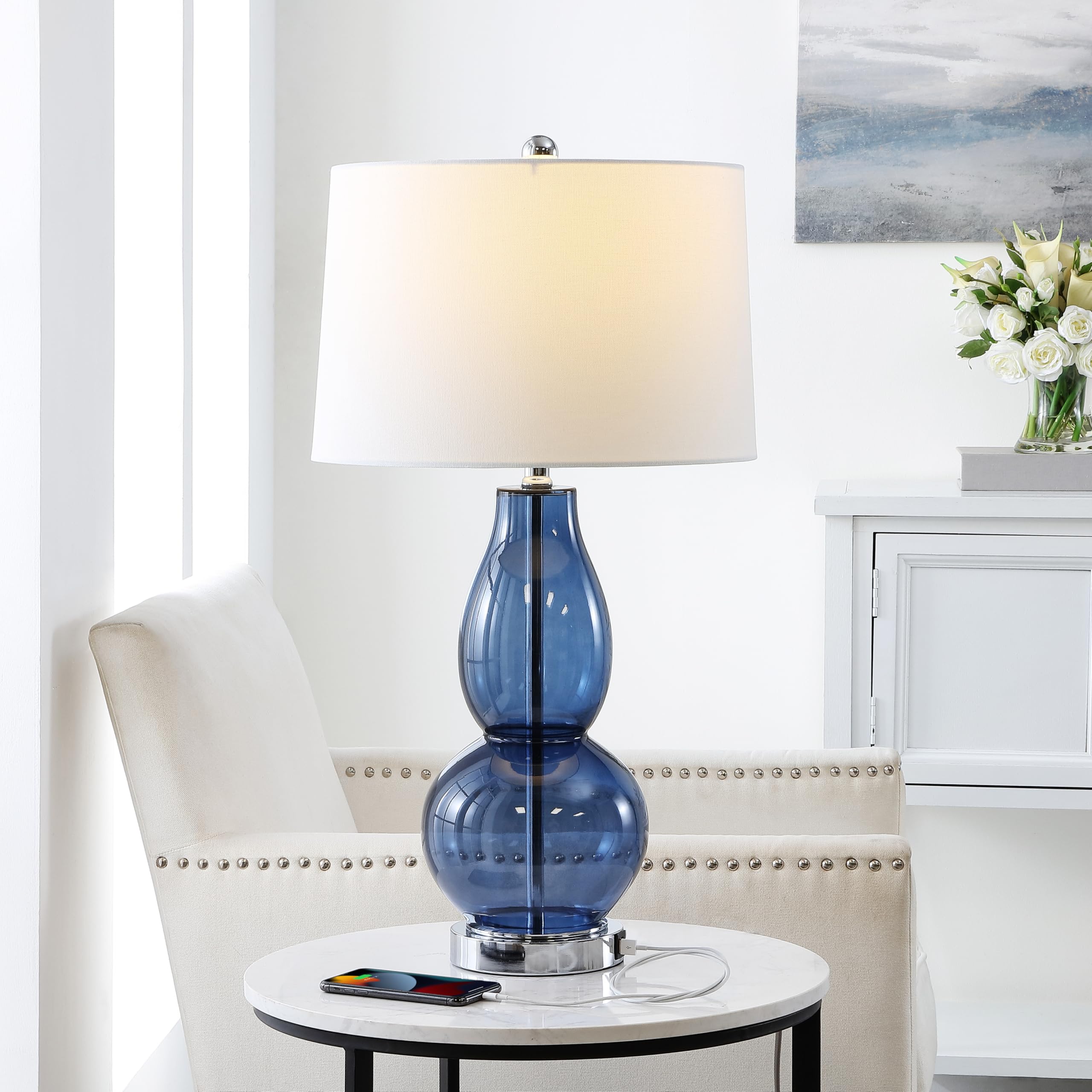 Safavieh Lighting Collection Mercurio Blue Glass Double Gourd 28-Inch Table Lamp Set Of 2 With Usb Charging Port (Led Bulbs Incl