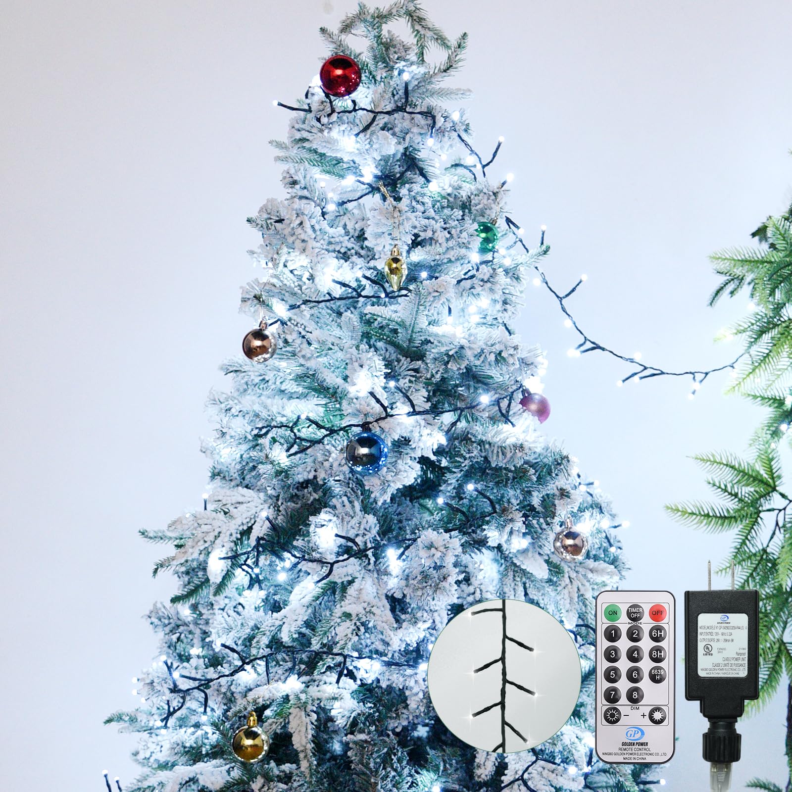 Lycklig Cool White LED Christmas Lights, 400 LED, 49FT, Plug-in String Lights with Remote, 8 Modes, Model BPD-400LED-CW