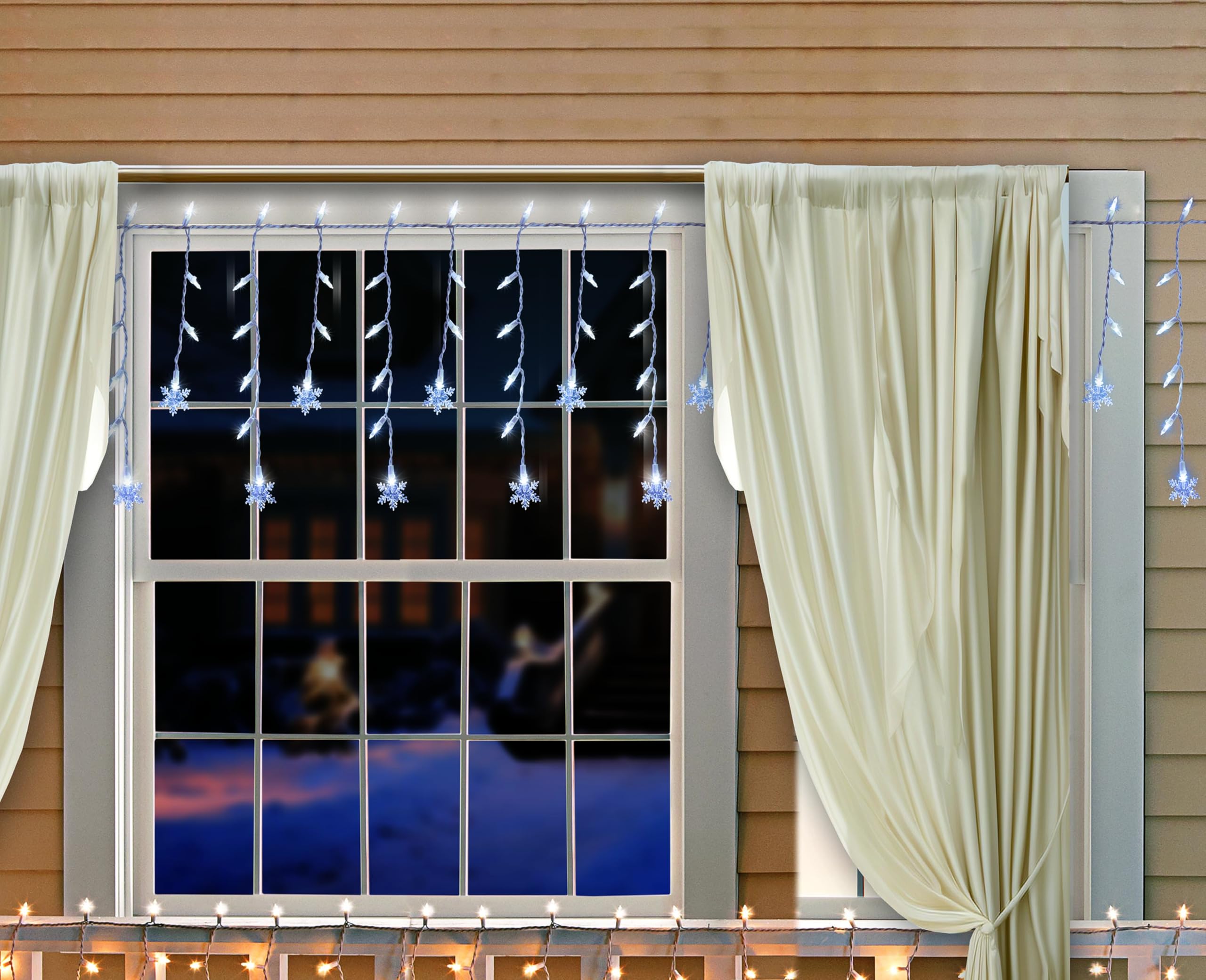 Tupkee LED Twinkle Window Icicle Snowflake Lights - 50 Cool White Bulbs - 3 Feet - Indoor Outdoor Christmas Decor