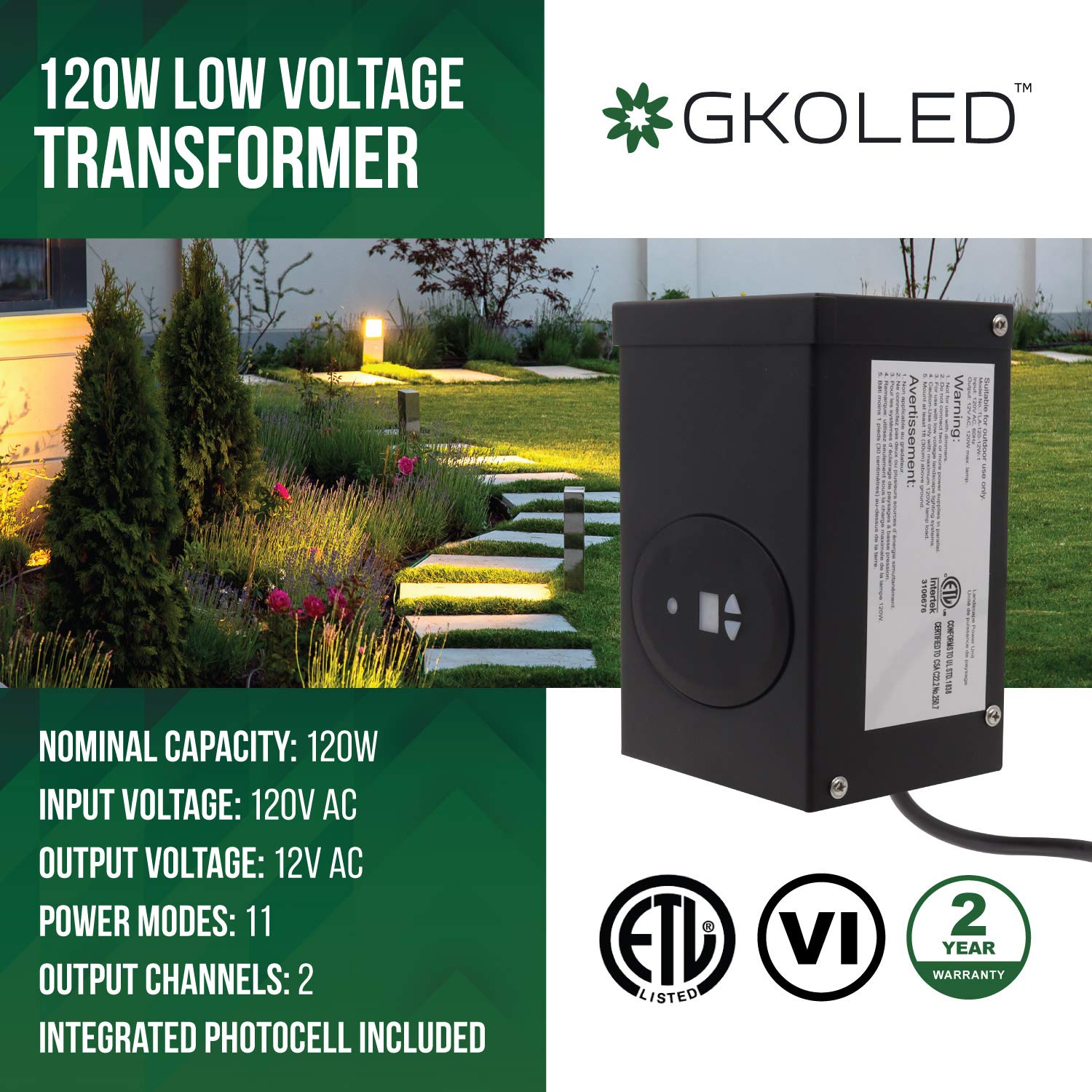 Gkoled Etl Listed 120W Low Voltage Transformer With Photocell And Timer, 120V Ac To 12V Ac Outdoor Power Pack, Dual Isolated Outputs, For Landscape Lighting Systems, Fully Encapsulated Toroid Core