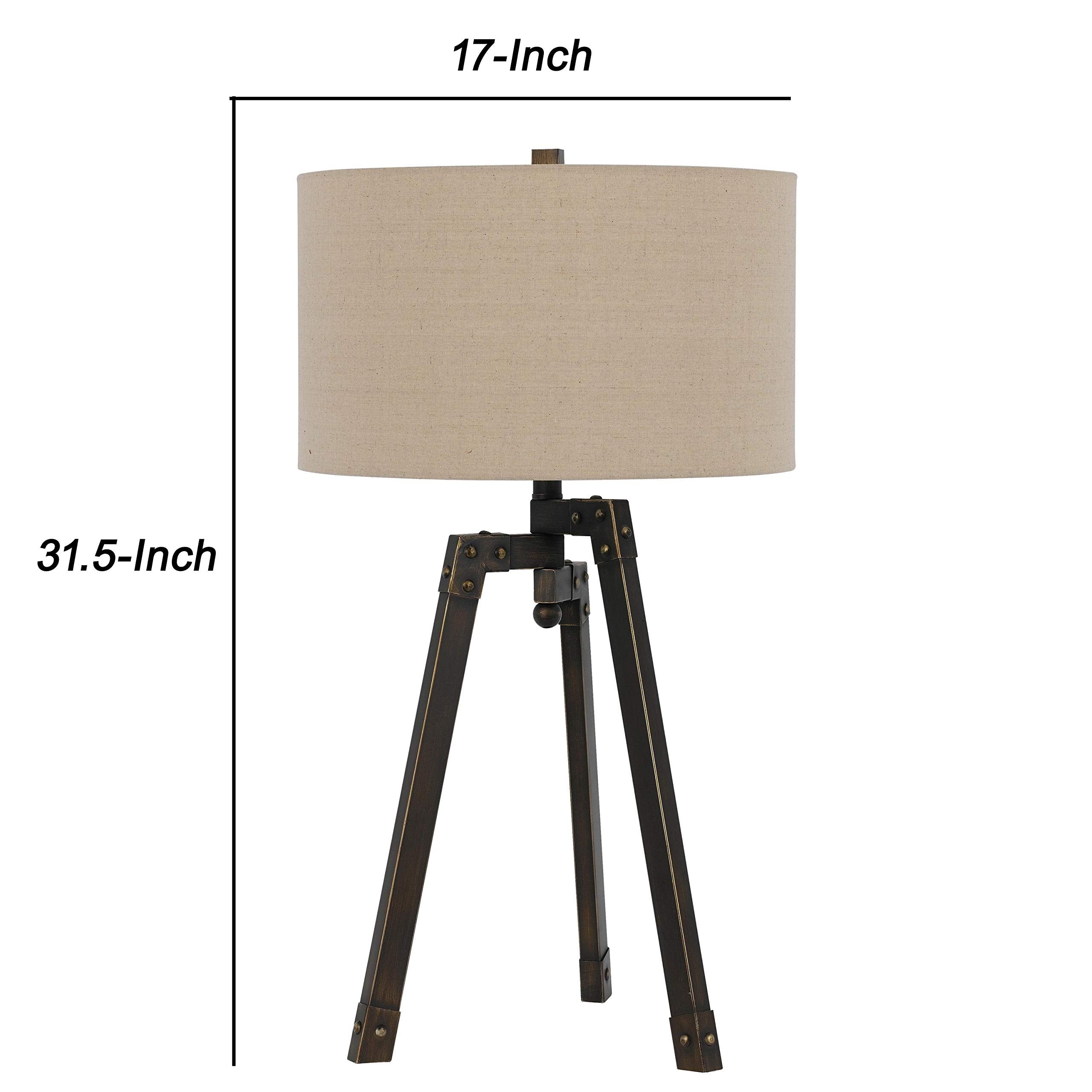 Benjara Metal Tripod Base Table Lamp With Fabric Drum Shade, Bronze And Beige